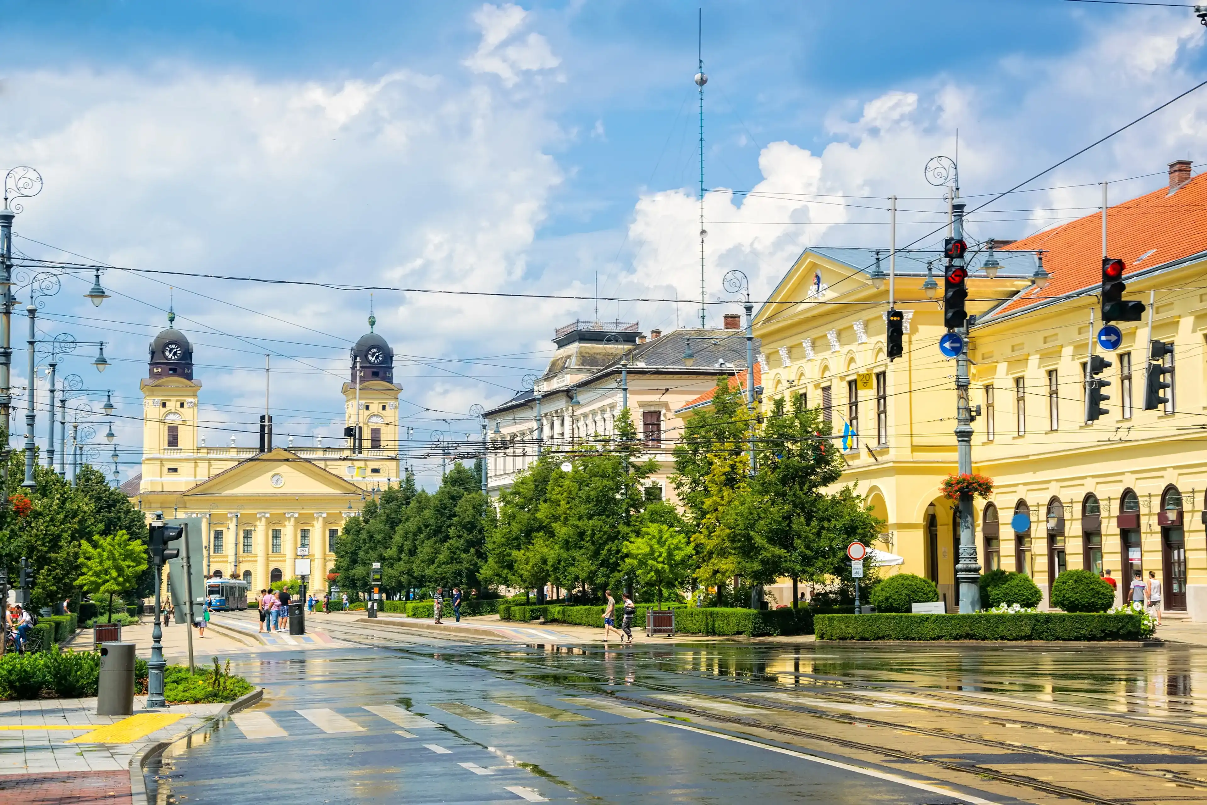 Scenic view of Debrecen, the second largest city in Hungary with Piac street in city city center at sunny summer day after rain Scenic view of Debrecen, the second largest city in Hungary with Piac street in city city center at sunny summer day after rain