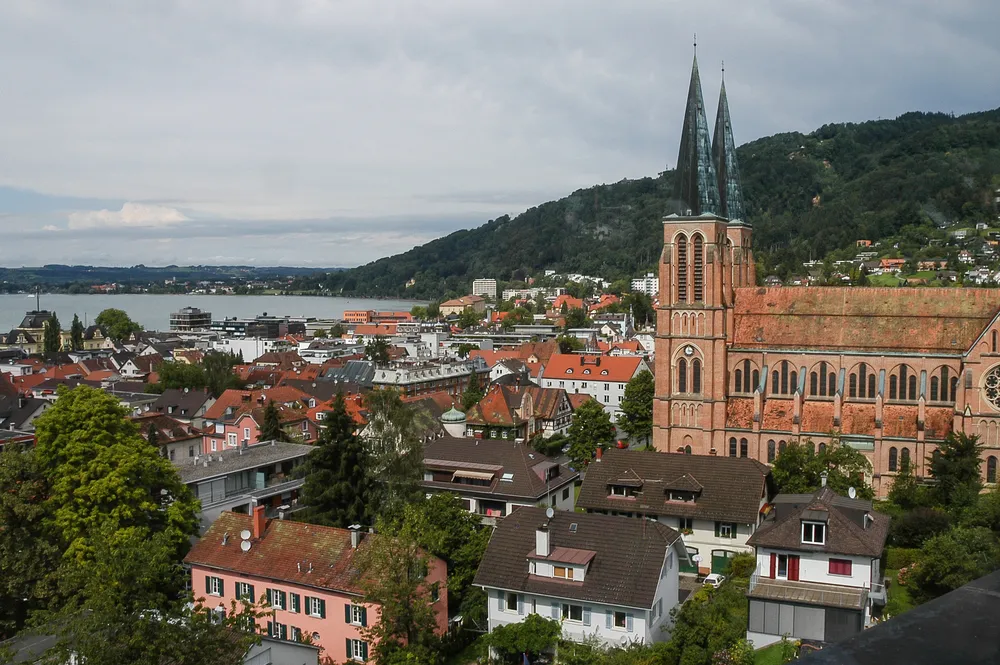 View of the city of Bregenz and the Church of Herz-Jesu, with Lake Constance in the background, Austria