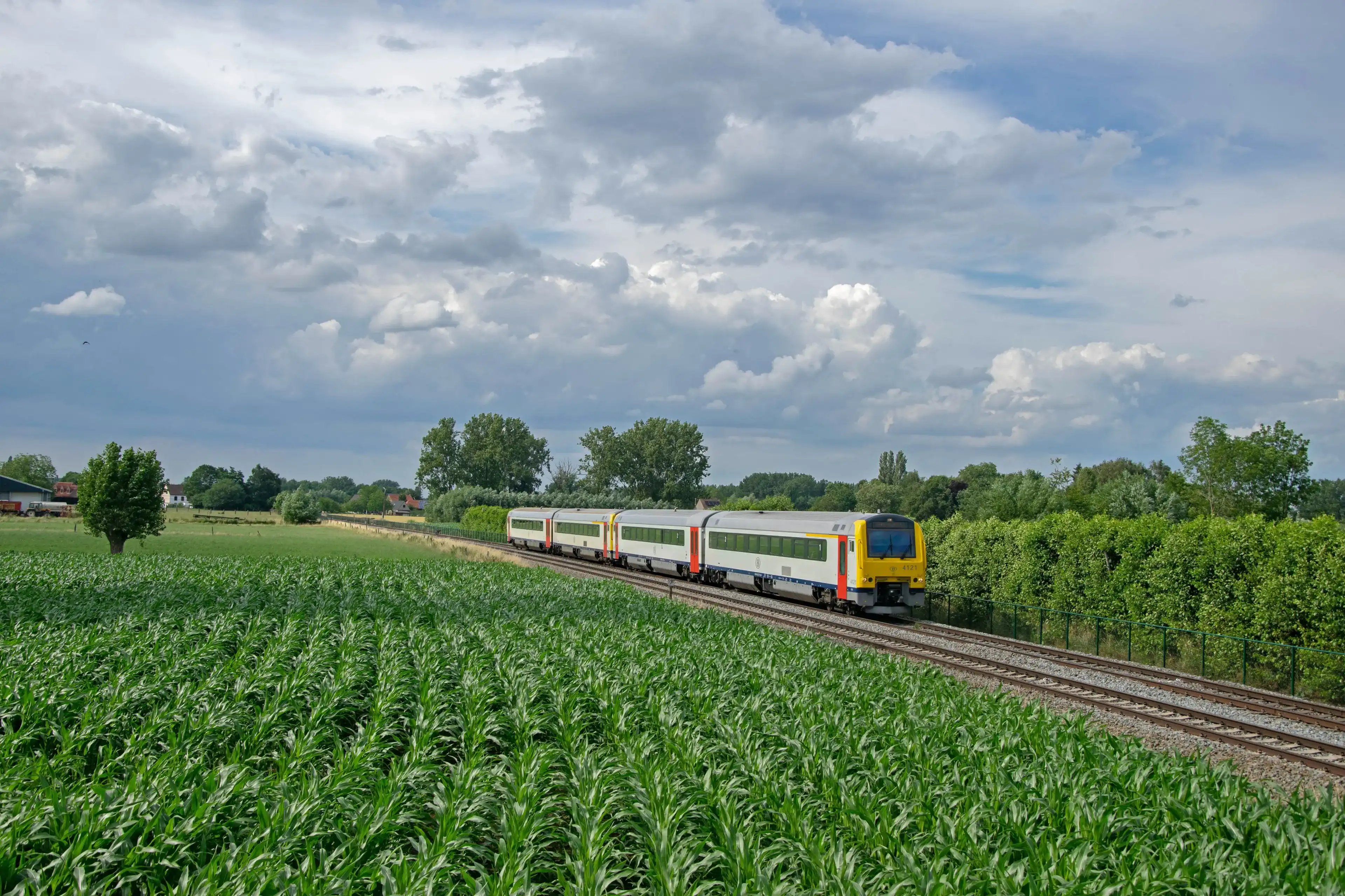 BALEGEM, Belgium - July 09, 2021: NMBS-SNCB MW-AR 41 (no. 4121) Diesel DMU Railway Passenger Train Set under Grey Cloudy Sky in Sunny Weather in Rural Natural Environment with Corn Field and Trees