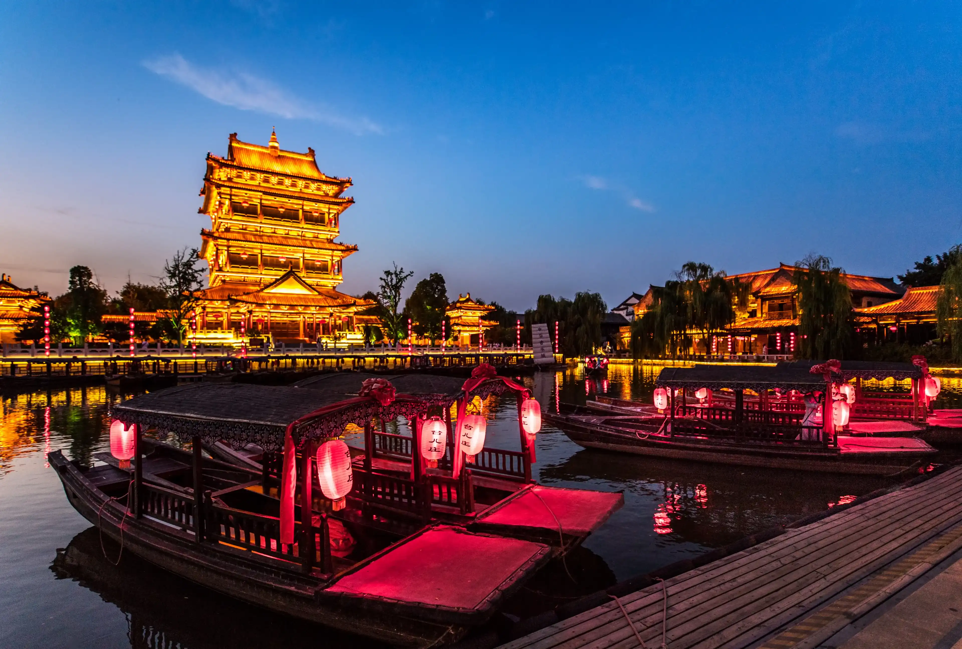 TAIERZHUANG, SHANDONG - JULY 1, 2019: Taierzhuang is located in Zaozhuang in Shandong, is the largest water town in China. Historically, it was an important hub along the Grand Canal, China. TAIERZHUANG, SHANDONG - JULY 1, 2019: Taierzhuang is located in Zaozhuang in Shandong, is the largest water town in China. Historically, it was an important hub along the Grand Canal, China.