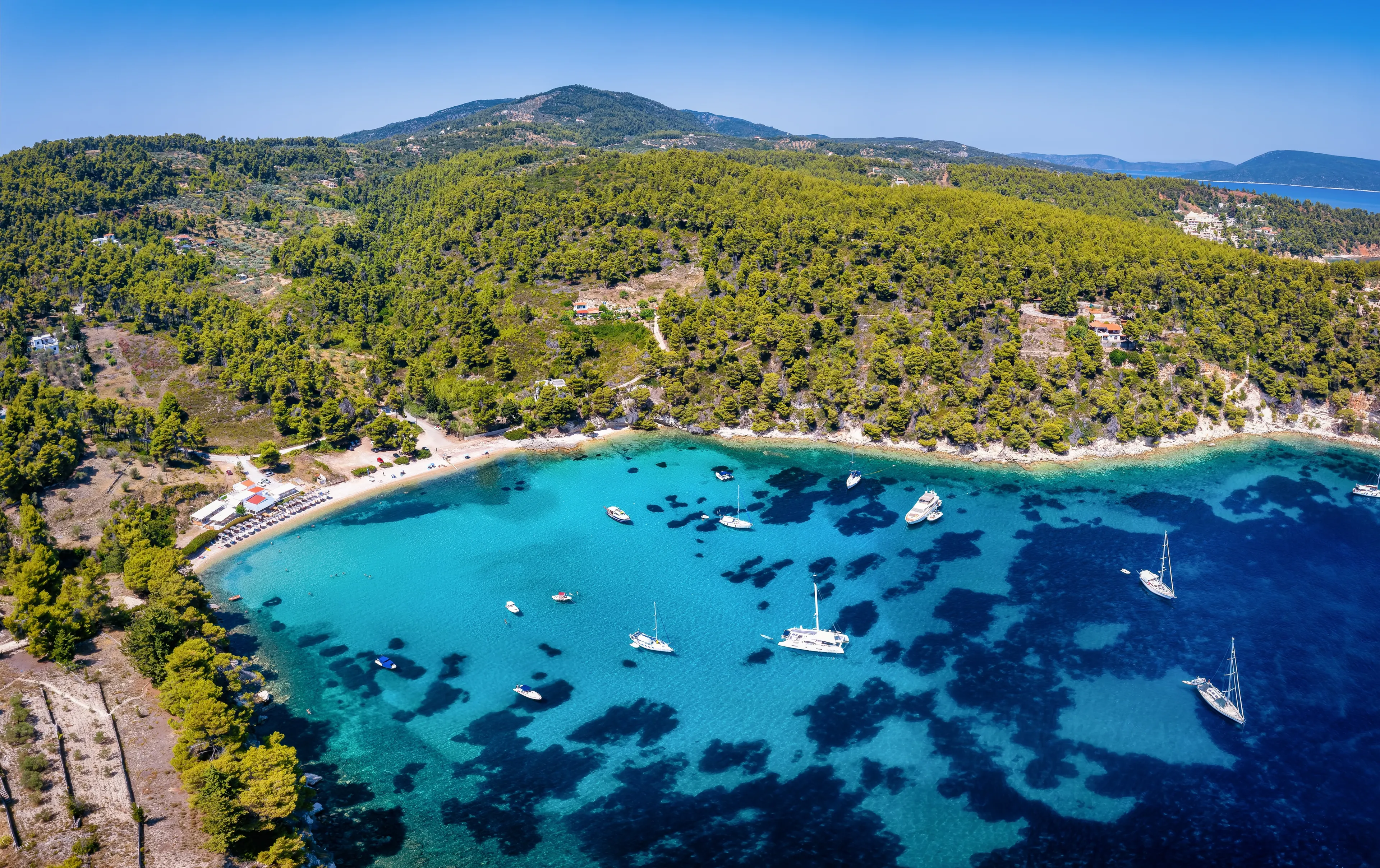 Aerial view of the beautiful beach of Milia, Alonissos island, Sporades, Greece, with turquoise sea and thick pine tree forest