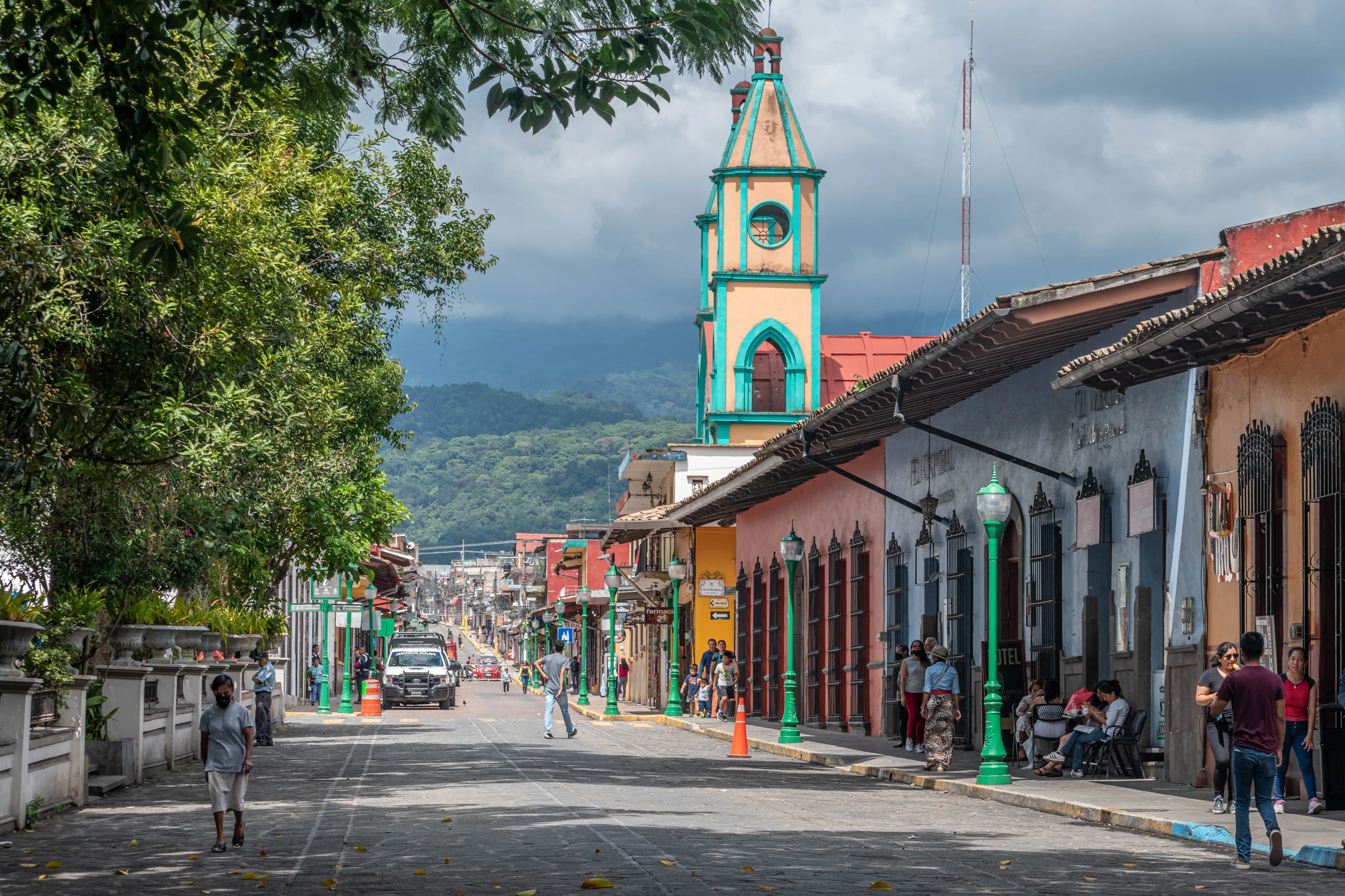 COATEPEC, VERACRUZ, MEXICO- SEPTEMBER 25, 2022: Street view of magical town of Coatepec, Veracruz, Mexico at a sunny day