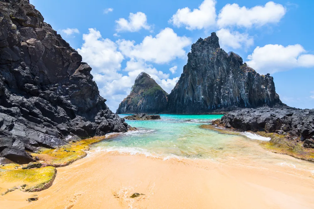 Beautiful view of Pigs Bay (Baia dos Porcos) and Two Brothers Hill (Morro Dois Irmãos) in Fernando de Noronha Island - Brazil