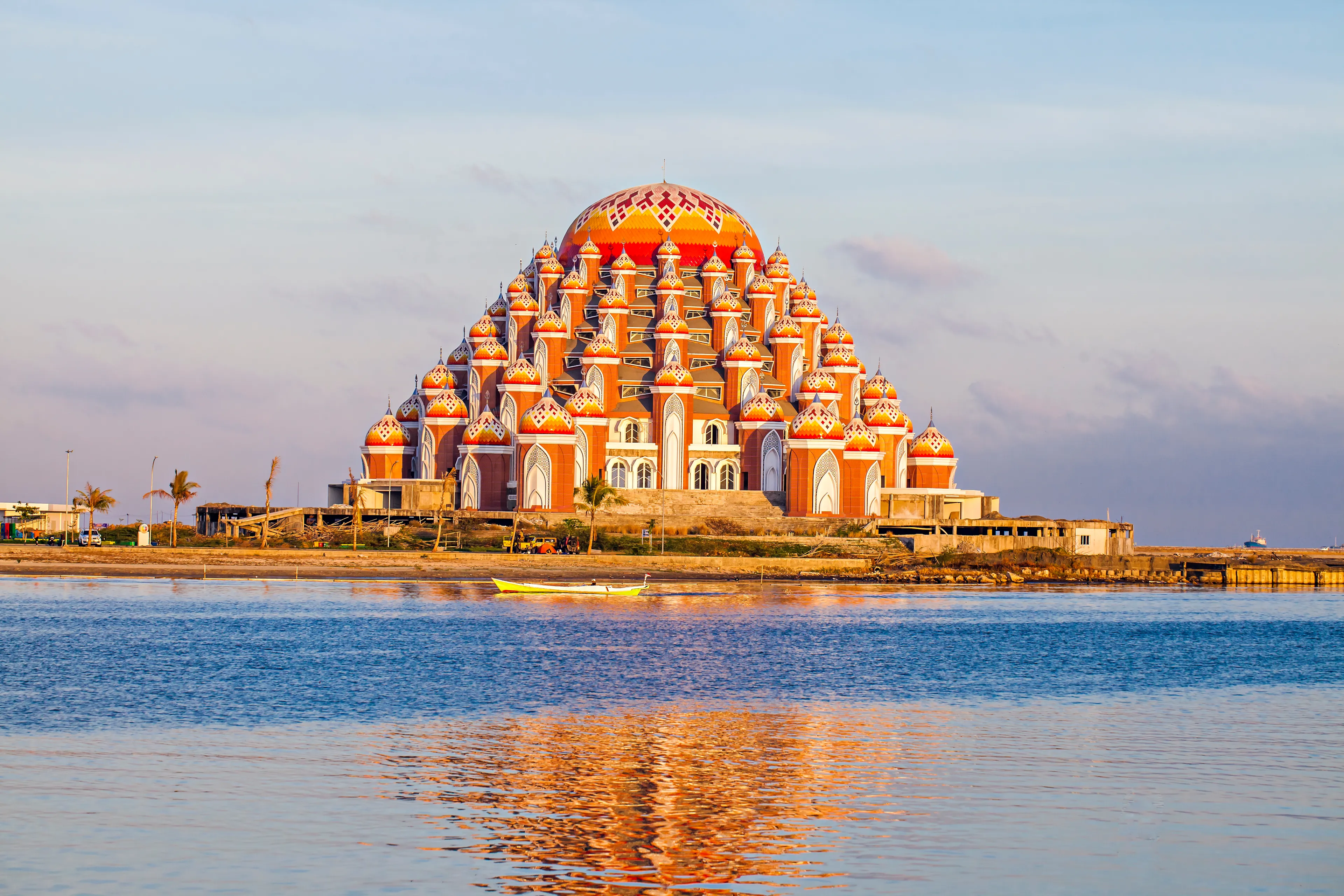 Masjid 99 Kubah (99 Domes Mosque), a beautiful Mosque with unique architecture, located in famous destination, Losari Beach, Makassar, South Sulawesi, Indonesia. A new Landmark of Makassar City,