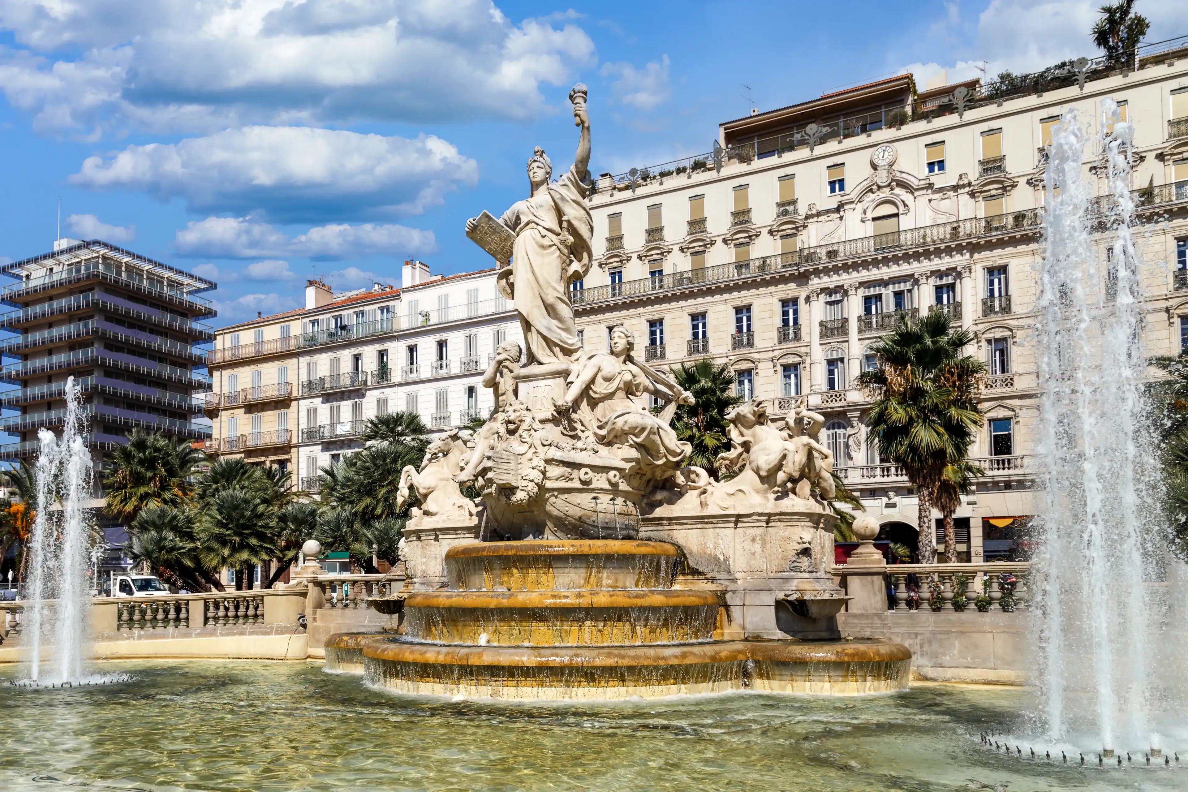 Toulon, France. The Fountain of the Federation on the main square Place de la Liberté in the downtown of Toulon, created in 1852. 