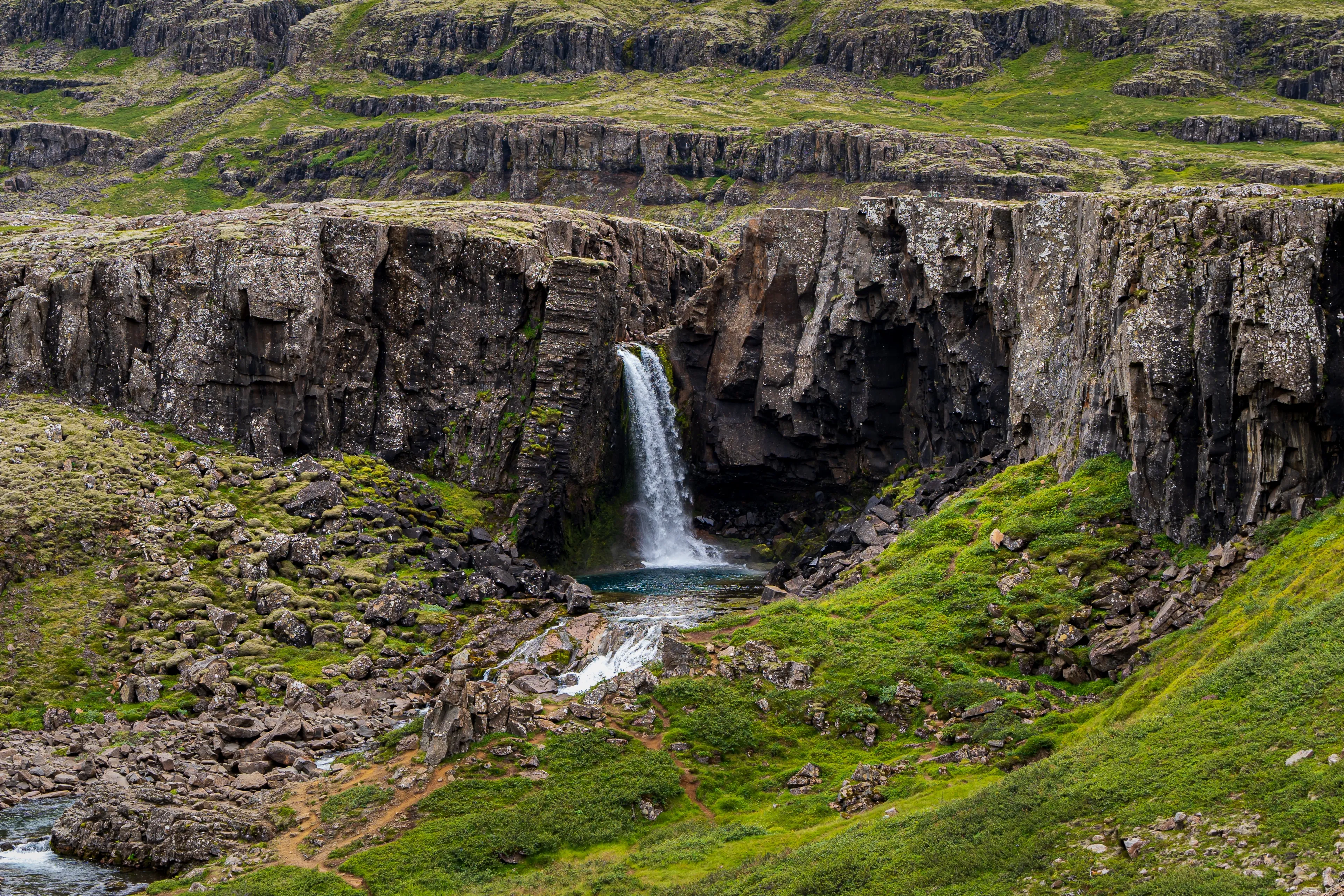 Beautiful aerial view of the magnificent Folaldafoss waterfall in the highlands of Iceland