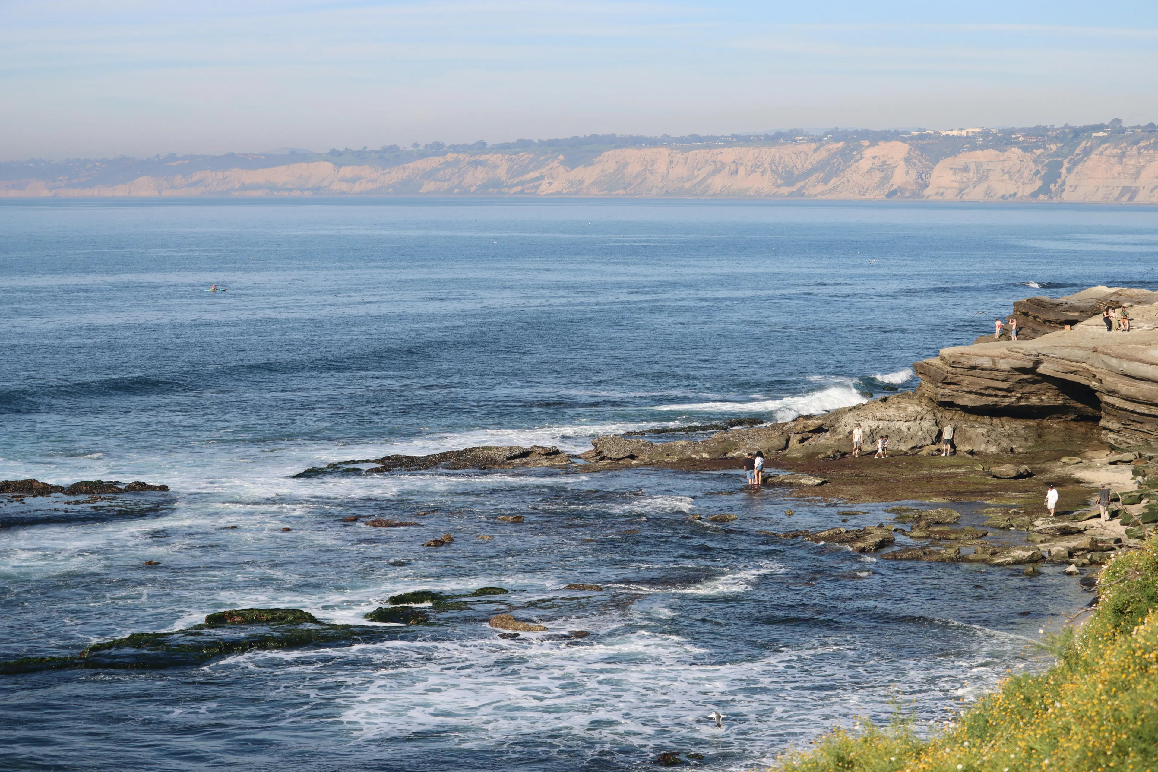 Explore the stunning coastline of La Jolla with ocean waves and rocky shores.