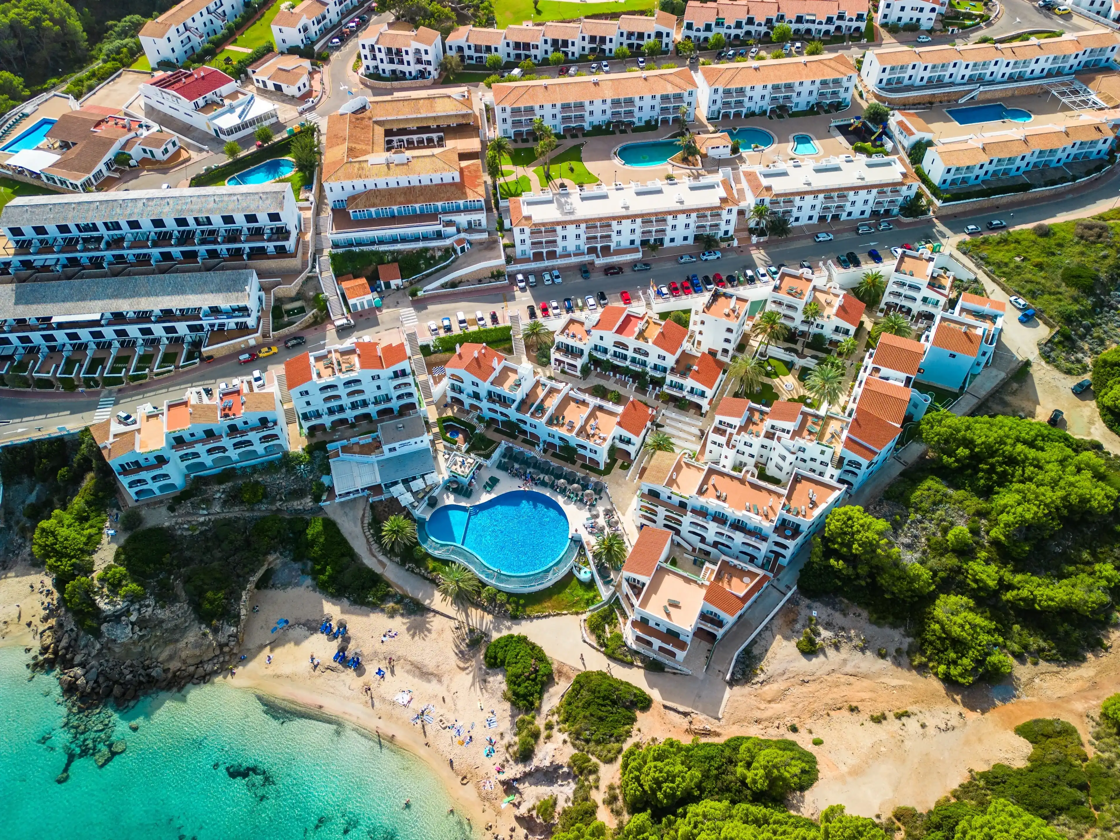 Areal drone view of beautiful bay and Arenal d'en Castell beach on Menorca island, Spain Areal drone view of beautiful bay and Arenal d'en Castell beach on Menorca island, Spain