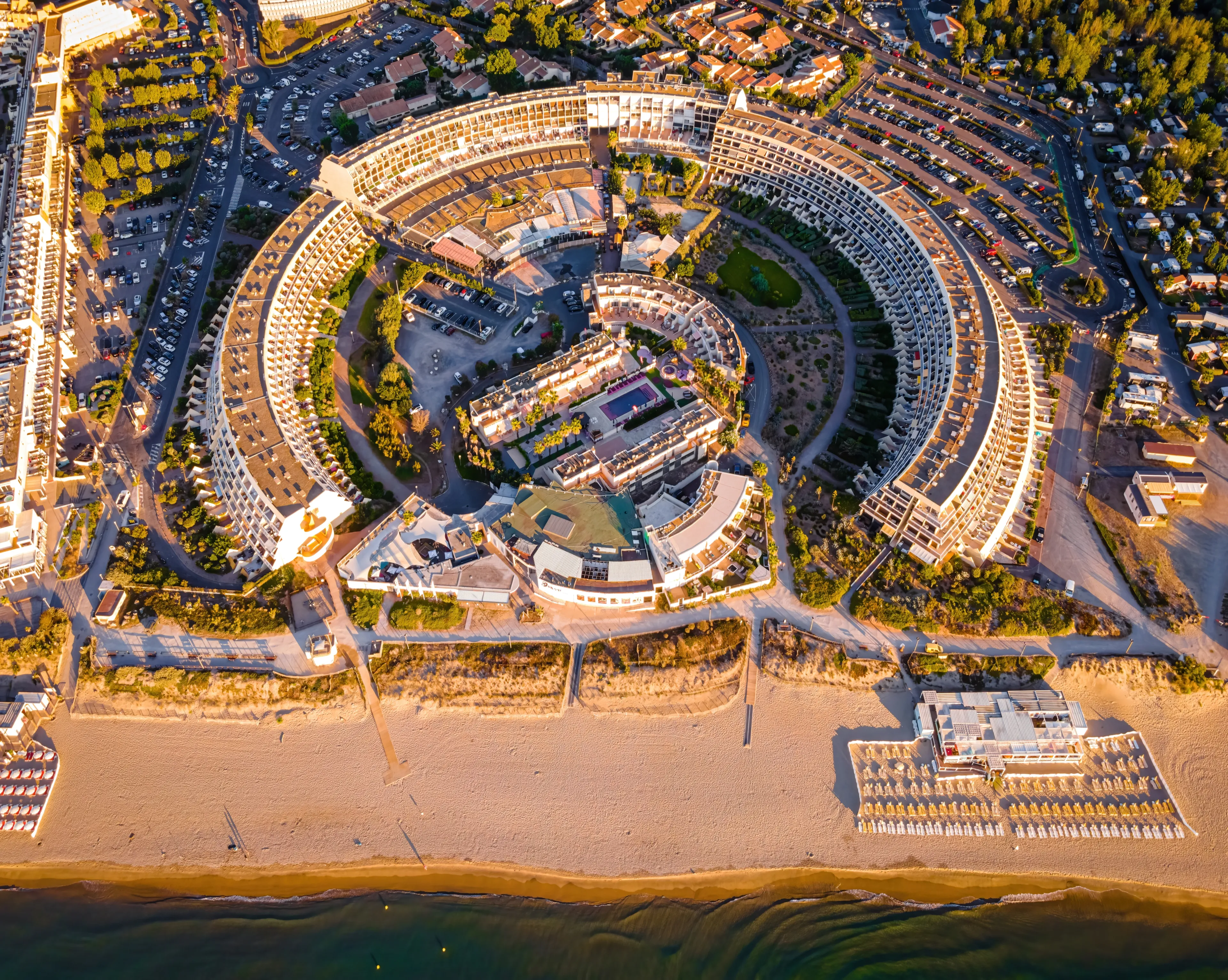 Aerial view of Cap d'Agde a seaside resort and naturist village on France's Mediterranean coast, Europe
