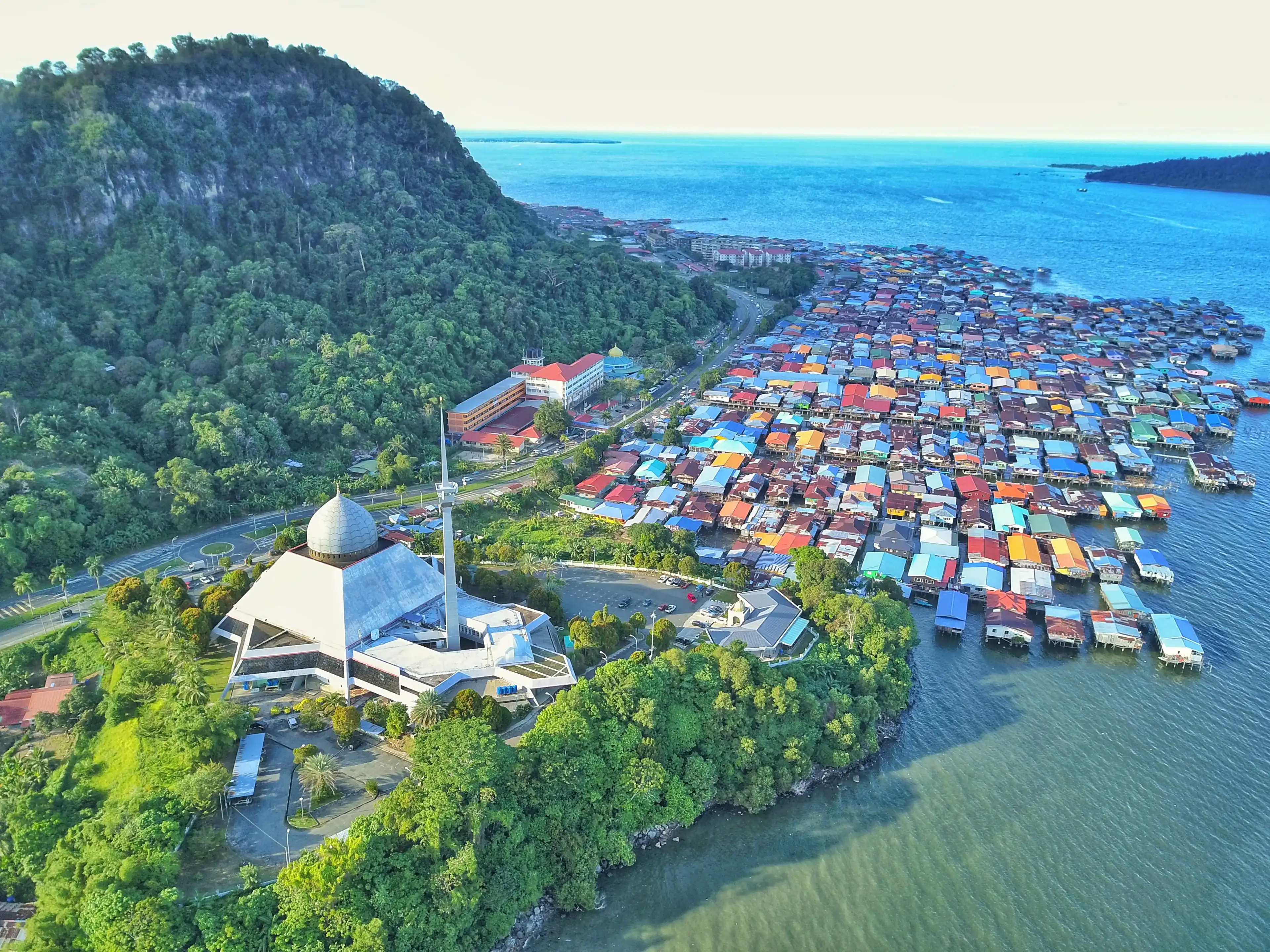 Sandakan Sabah Malaysia - Dec 28, 2018 : Sky view of Sandakan City with Sandakan District Mosque, Kg. Sim Sim water village and Berhala Island.