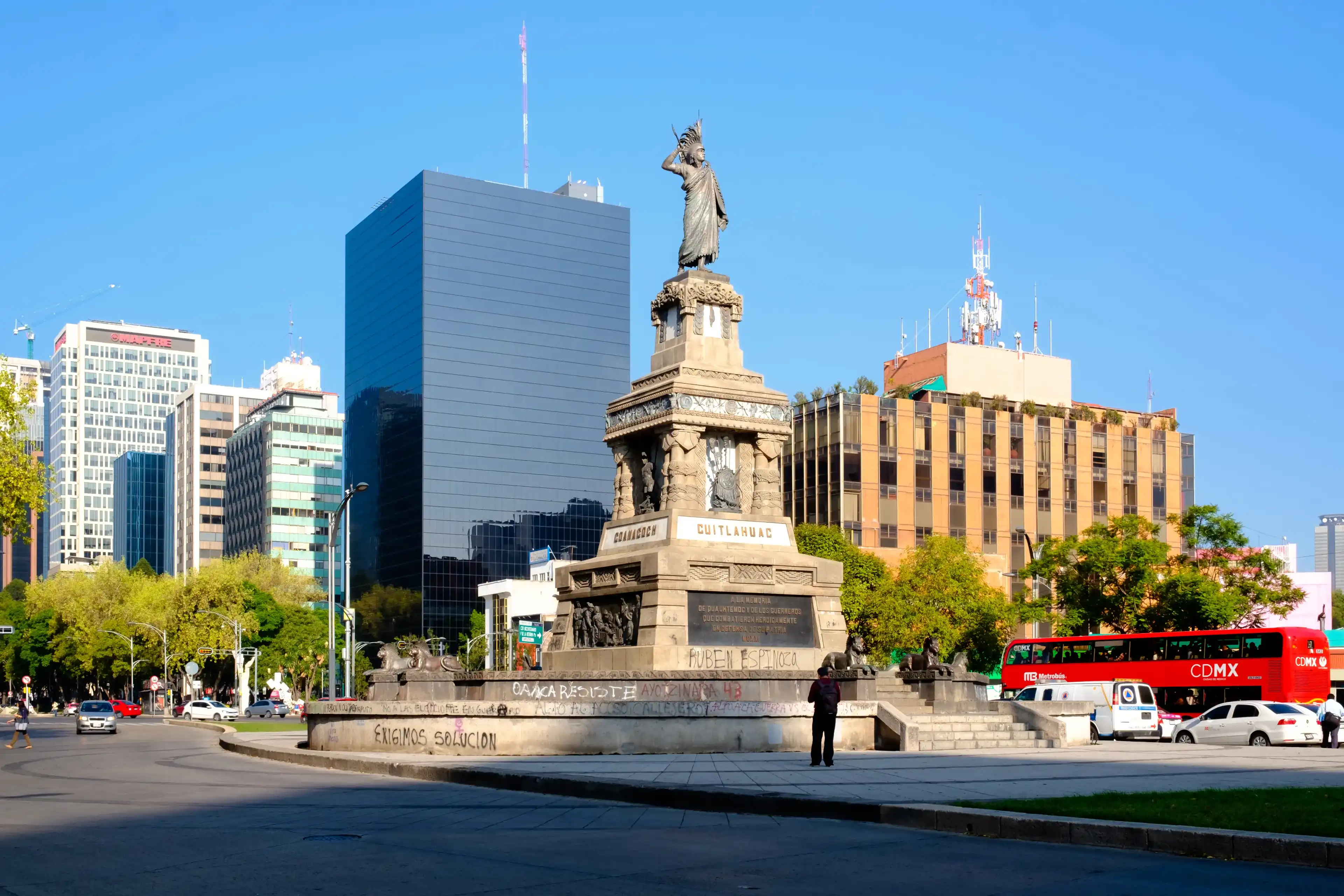 MEXICO CITY - JULY 14,2018 : The Monument to Cuahutemoc at Paseo de la Reforma in Mexico City MEXICO CITY - JULY 14,2018 : The Monument to Cuahutemoc at Paseo de la Reforma in Mexico City