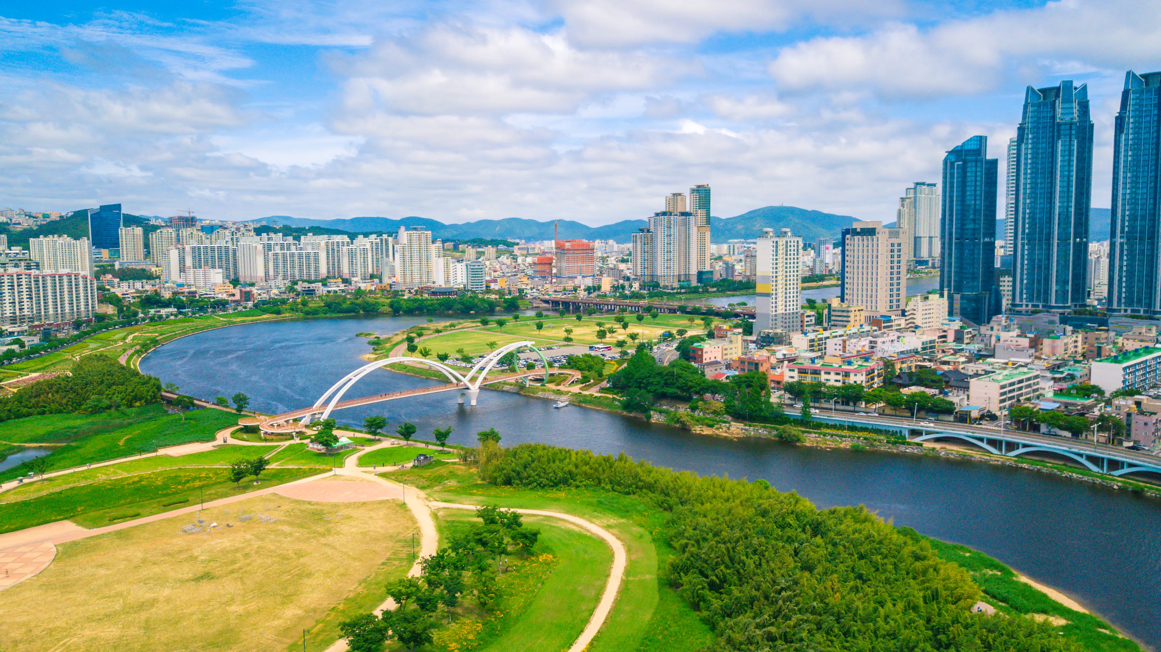 Aerial view of Taehwa riverside during Spring season in Ulsan city of South Korea. Beautiful Ulsan city, South Korea. Aerial view of Taehwa riverside in Ulsan, South Korea.