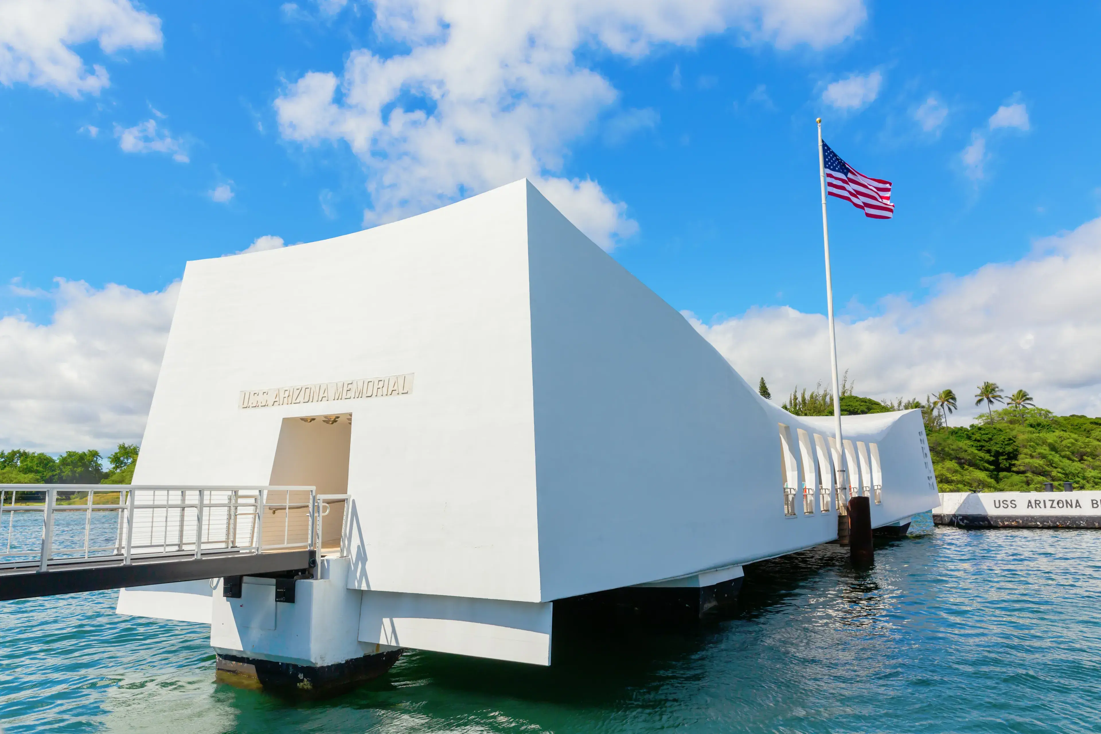 Pearl Harbor, Honolulu, Hawaii - November 05, 2019: U.S.S. Arizona Memorial with unidentified people. The memorial commemorates the Japanese attack on Pearl Harbor on December 7, 1941 Pearl Harbor, Honolulu, Hawaii - November 05, 2019: U.S.S. Arizona Memorial with unidentified people. The memorial commemorates the Japanese attack on Pearl Harbor on December 7, 1941