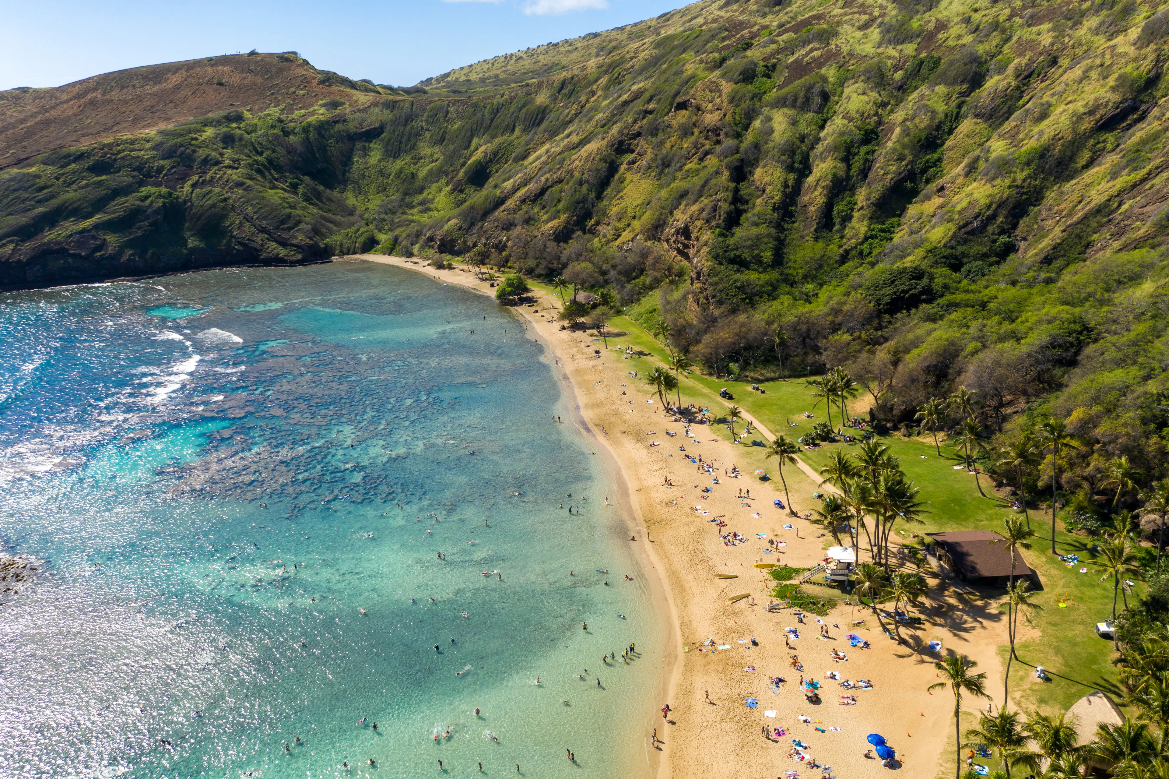 Aerial view of the clear water of Hanauma Bay nature preserve near Waikiki on Oahu, Hawaii
