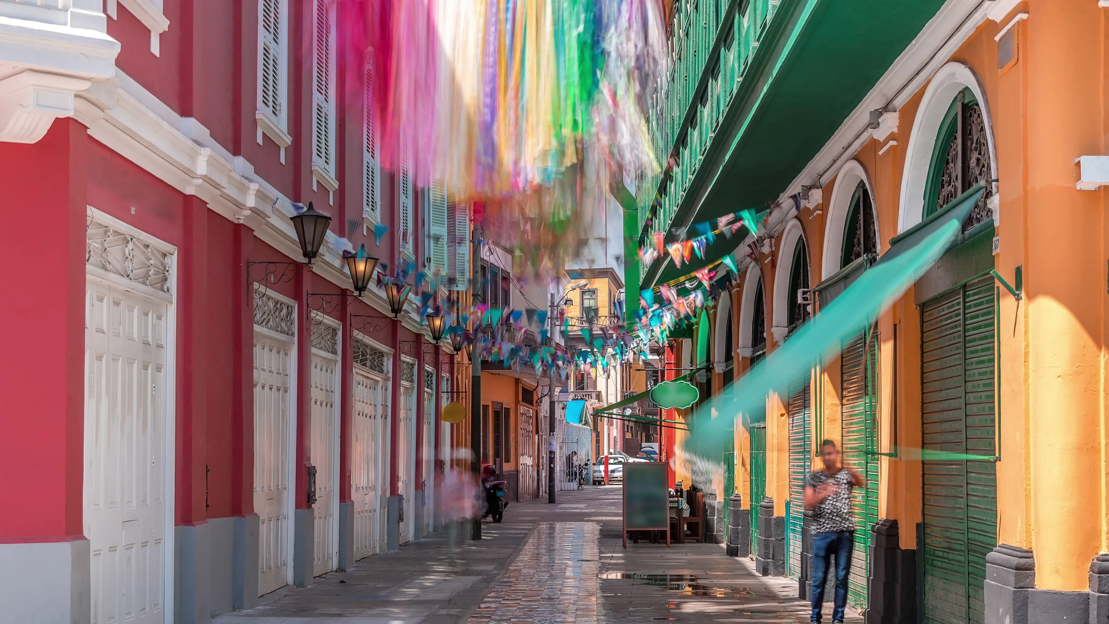 Monumental Callao is one of the new fashion areas near Lima view. Walking street with colorful houses and restaurants. Lima Peru.
