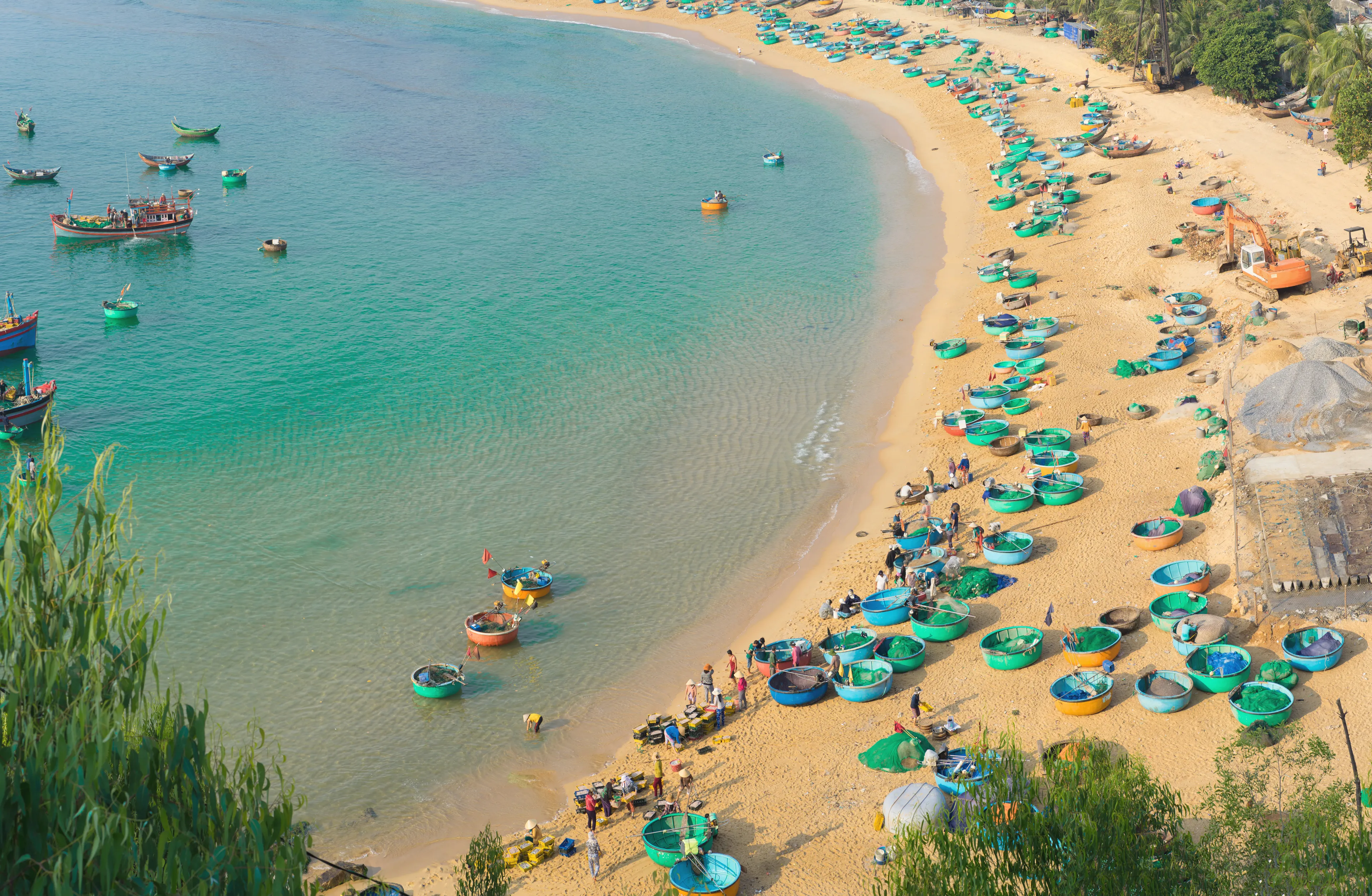 Aerial view of Quy Nhon beach with curved shore line in Binh Dinh province, Vietnam 
