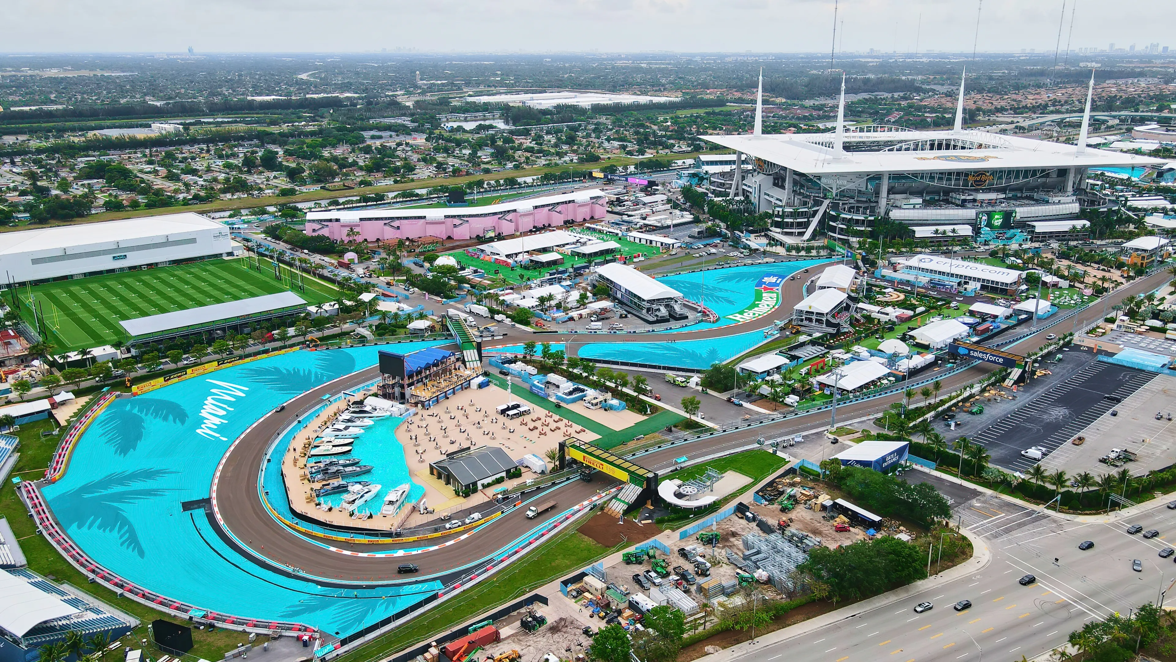 Miami Gardens, FL, USA. 3rd May 2022. Aerial view on F1 Circuit and Hard Rock Stadium, almost ready for Formula 1 Crypto.com Miami Grand Prix Weekend on May 6-8 2022.
