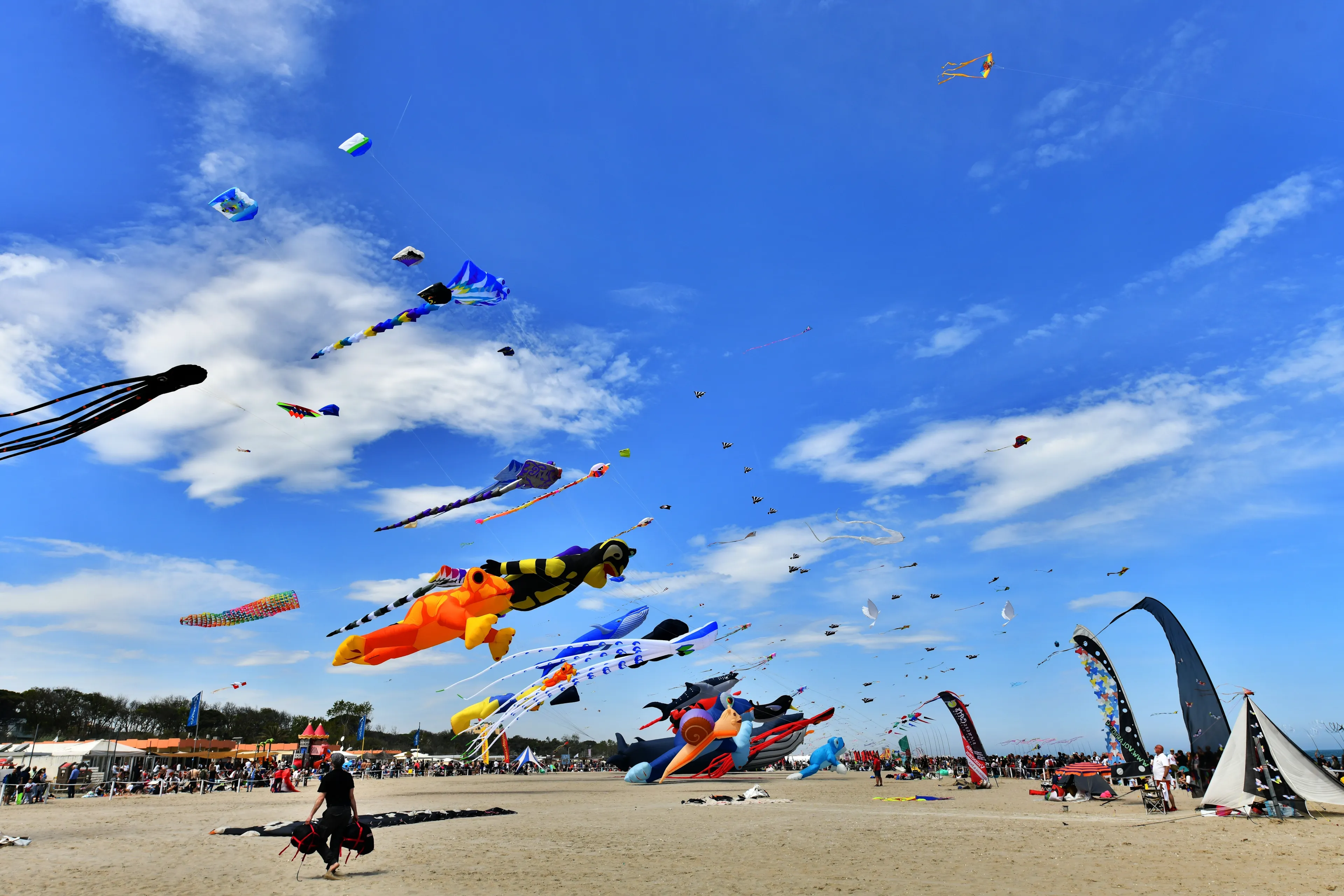 Pinarella di Cervia, Ravenna, Italy - 04.23.2023: Image of a gathering of many kites on the beach at Pinarella di Cervia