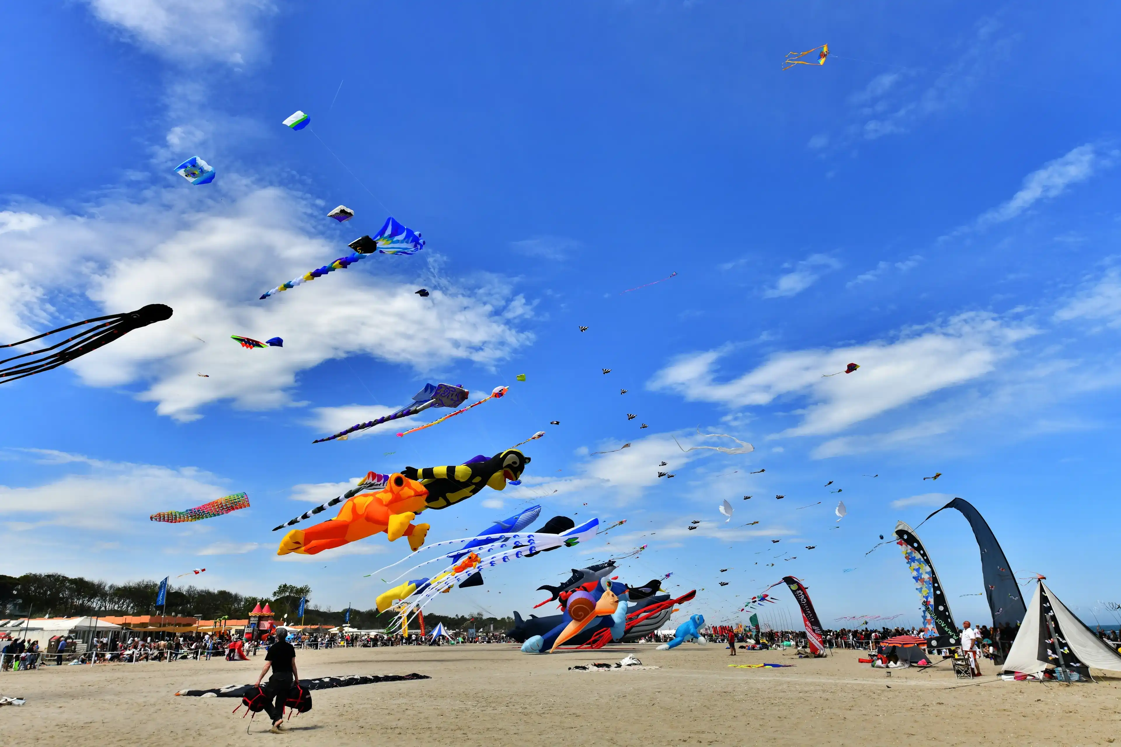 Pinarella di Cervia, Ravenna, Italy - 04.23.2023: Image of a gathering of many kites on the beach at Pinarella di Cervia Pinarella di Cervia, Ravenna, Italy - 04.23.2023: Image of a gathering of many kites on the beach at Pinarella di Cervia