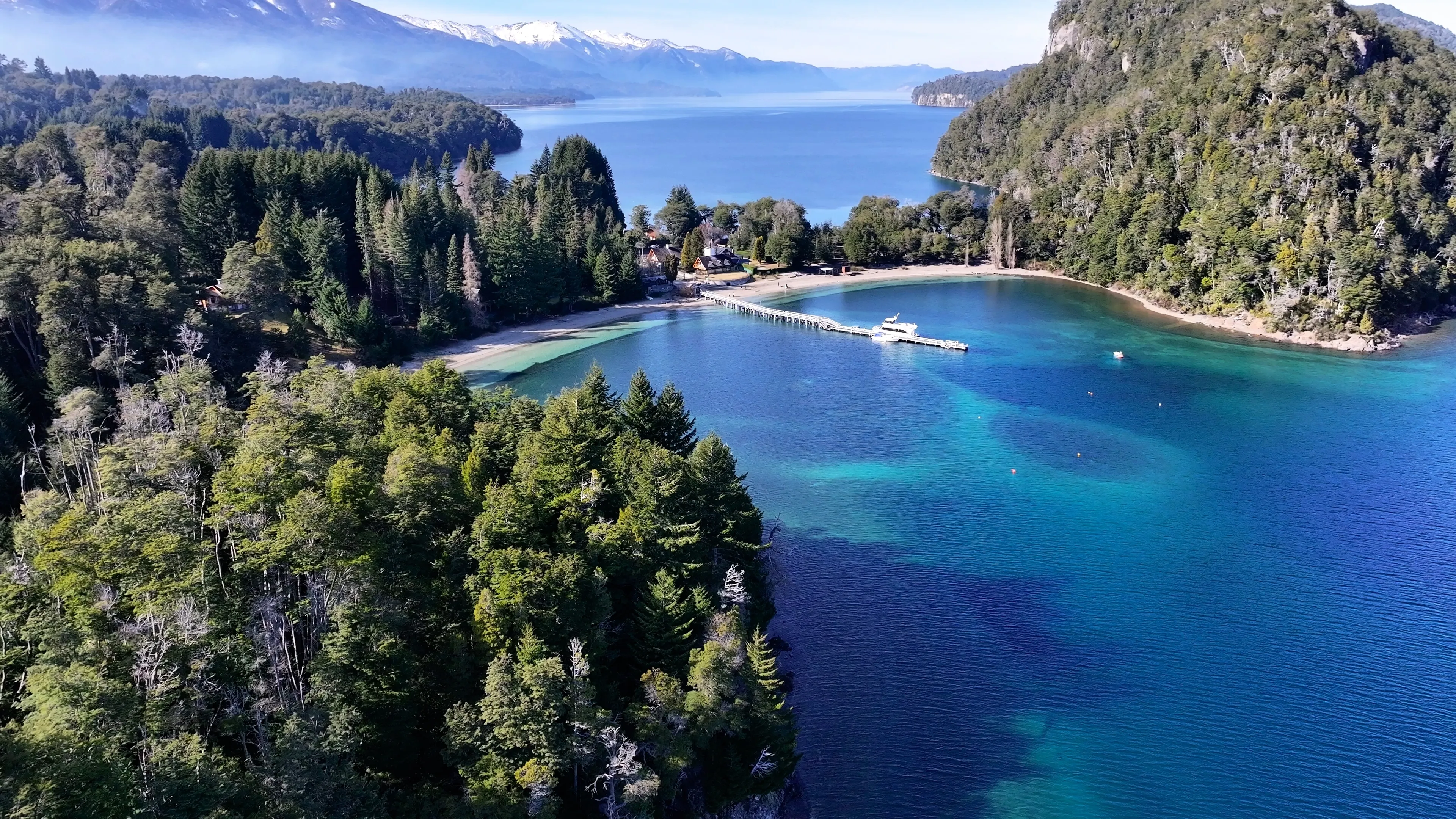 Villa La Angostura, Neuquen, Argentina - 8.16.2024 - Bahia Brava At Villa La Angostura In Neuquen Argentina. Patagonia Skyline. Sunny Day Stunning Landscape. Villa La Angostura Argentina