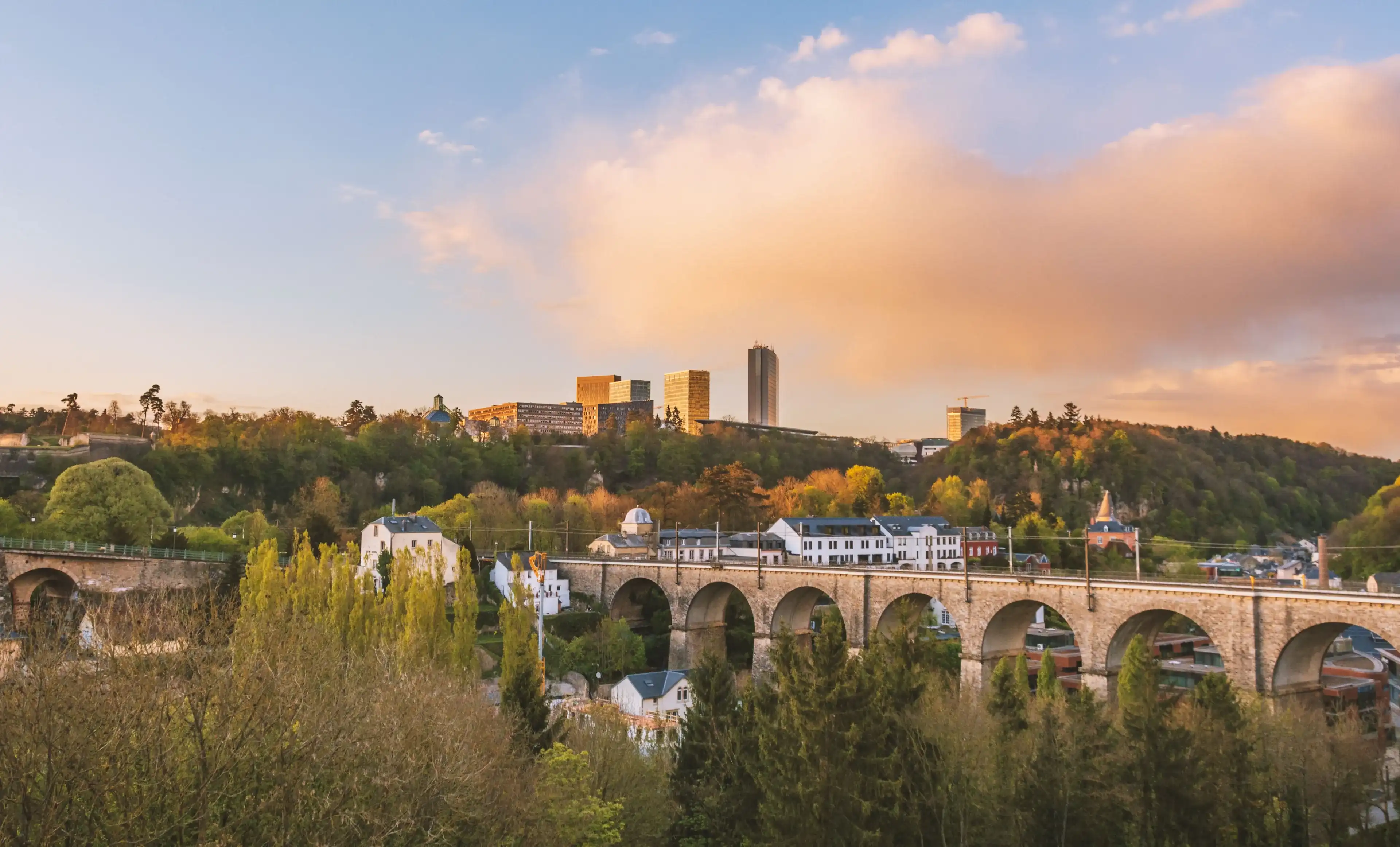 Luxembourg-city, 2019/05/05 Luxembourg - Panoramic view on the city of Luxembourg with Pfaffenthal district on the first plan and Kirchberg district on the back in spring