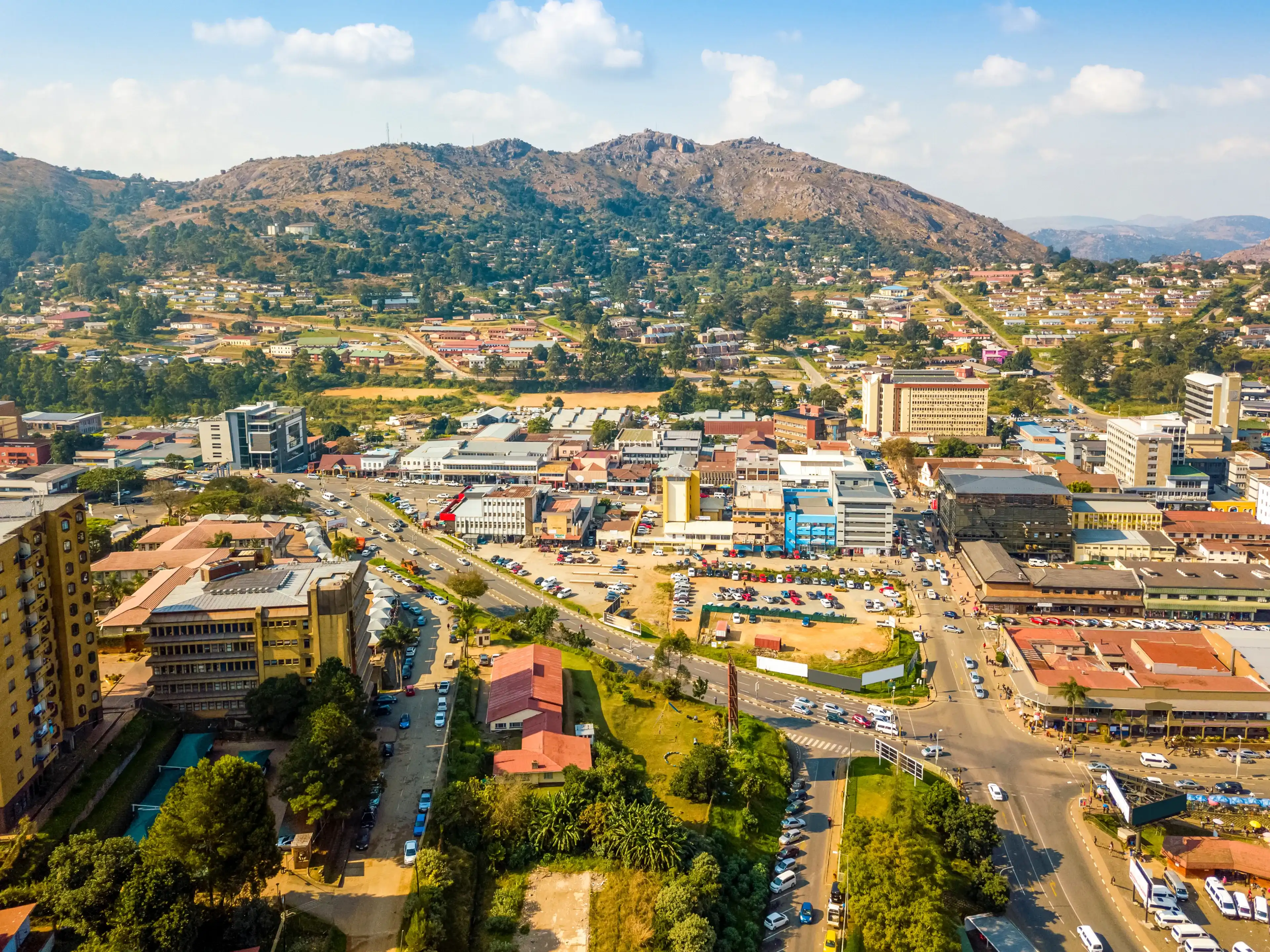 Aerial view of downtown of Mbabane during the day, capital city of Eswatini known as Swaziland