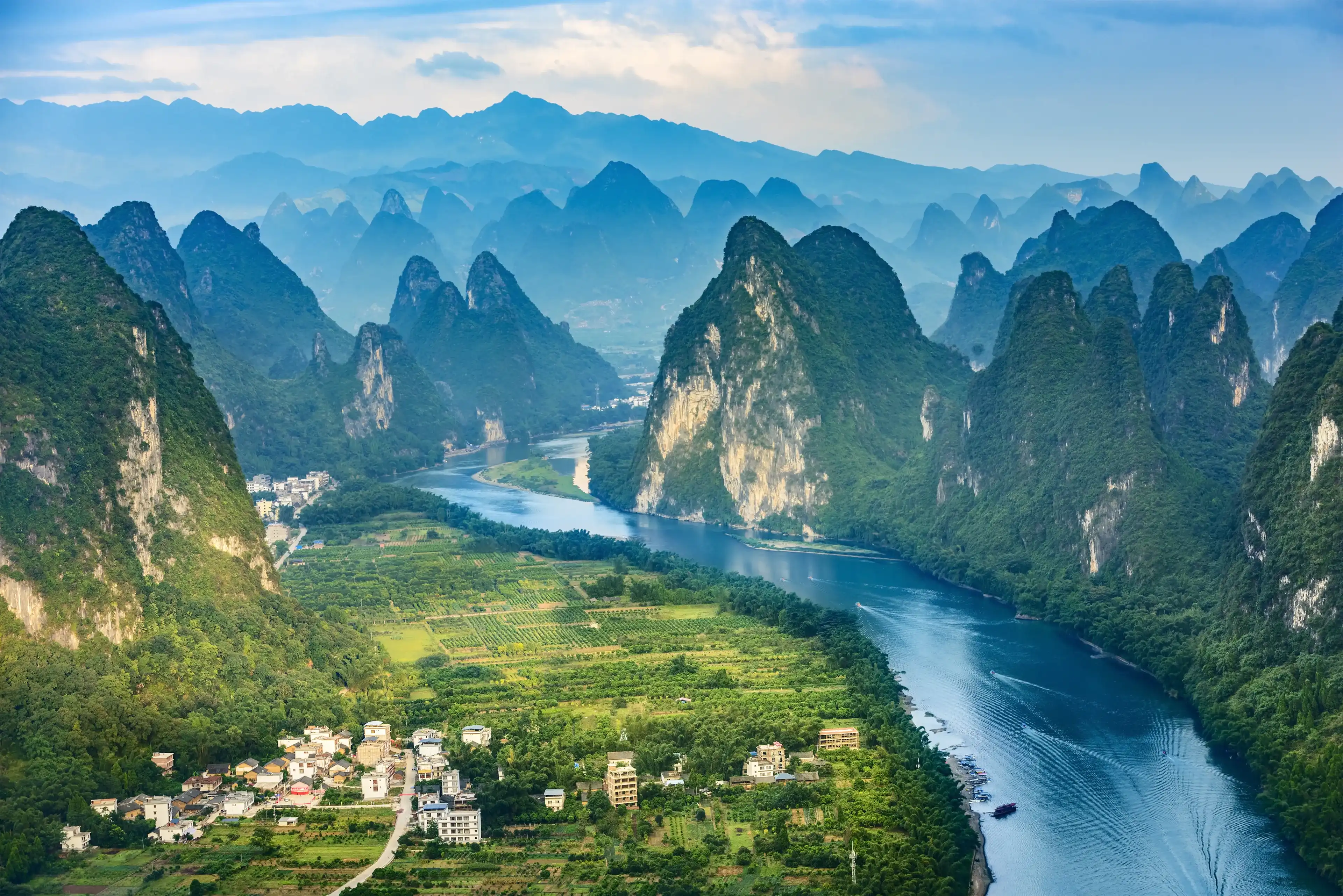 Landscape of Guilin, Li River and Karst mountains. Located near The Ancient Town of Xingping, Yangshuo County, Guangxi Province, China.