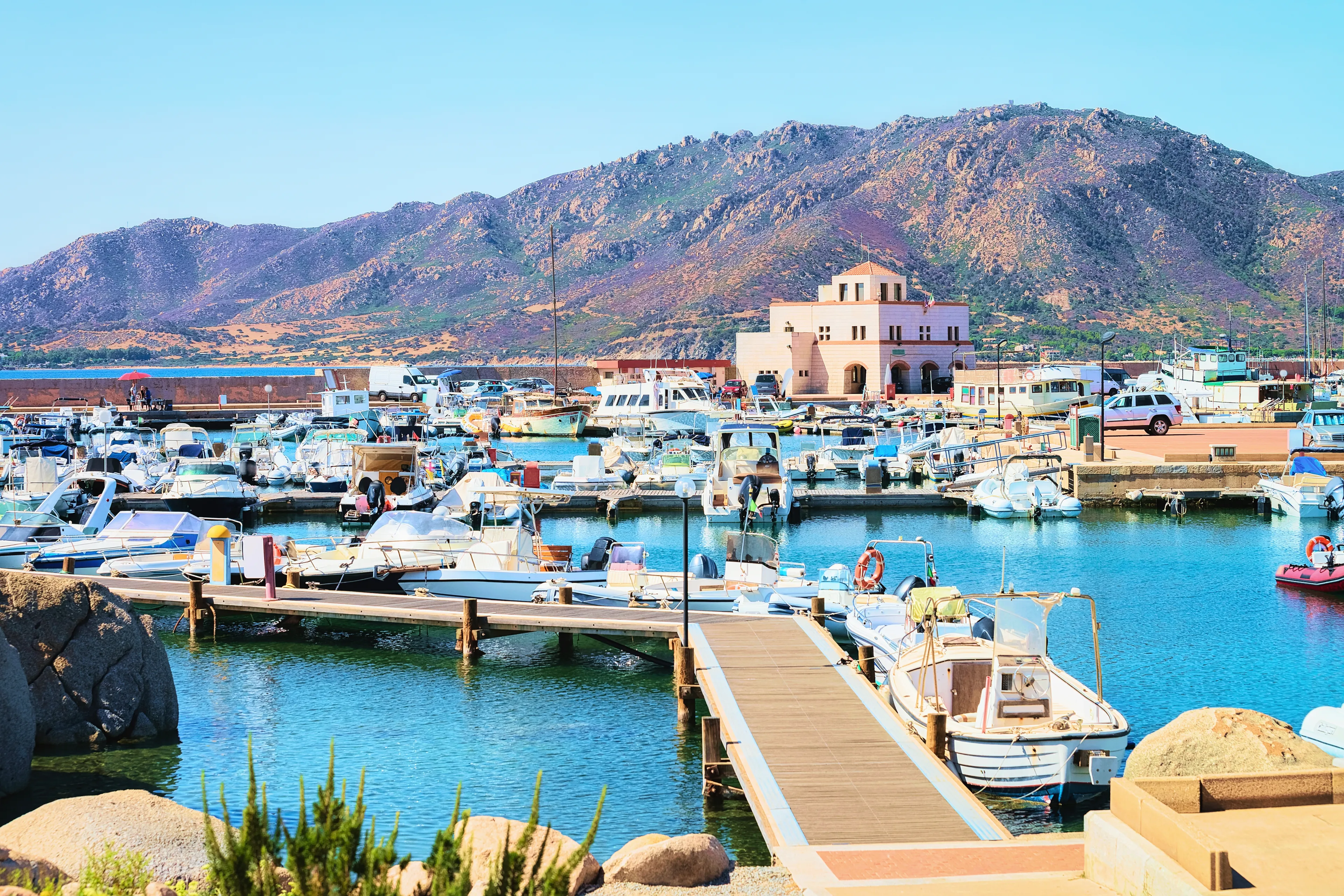 Port with ships and yachts, Villasimius, Cagliari, South Sardinia in Italy