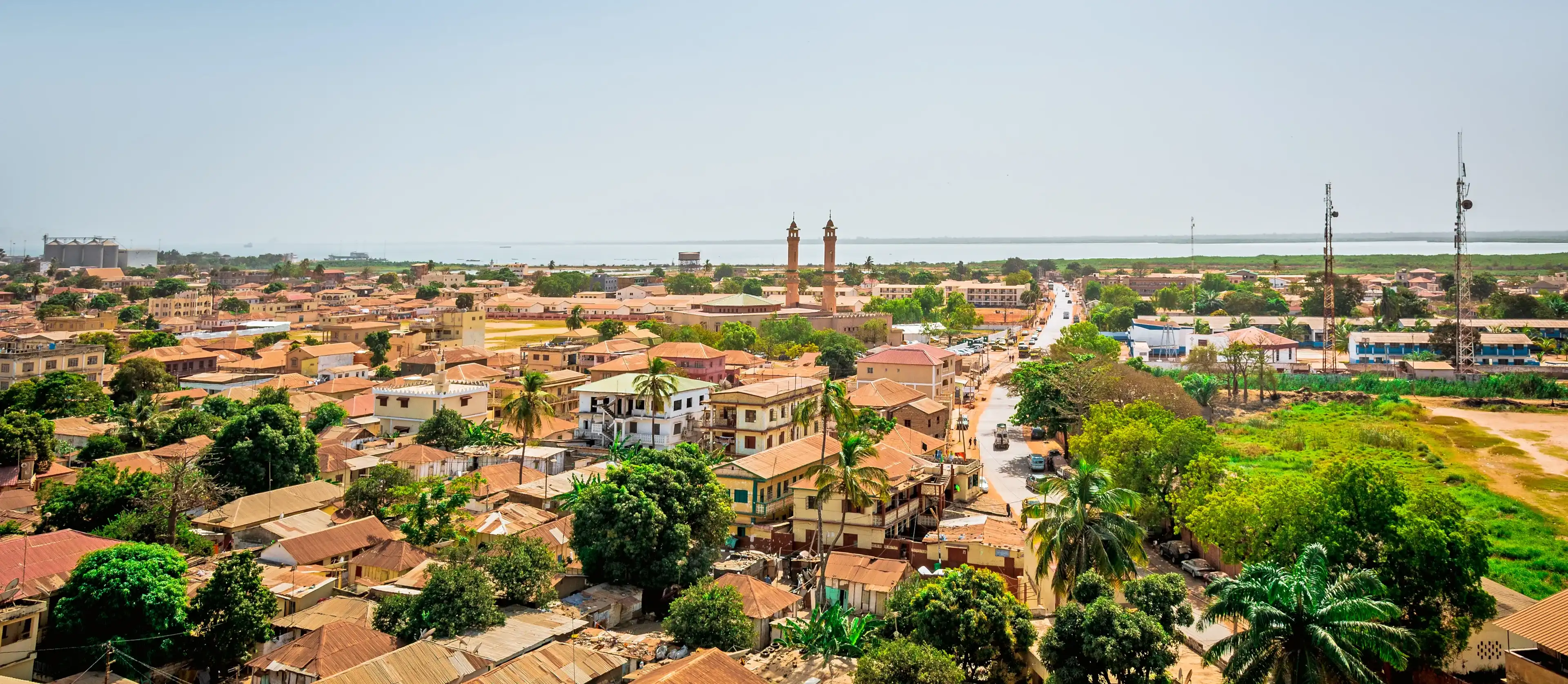 Aerial panorama view to city of Banjul and Gambia river, The Gambia