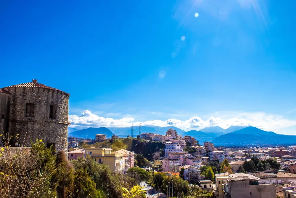Round Tower of the Castle, Scalea, Cosenza, Calabria, Southern Italy. View from Above. Nice Pretty Italian Town.