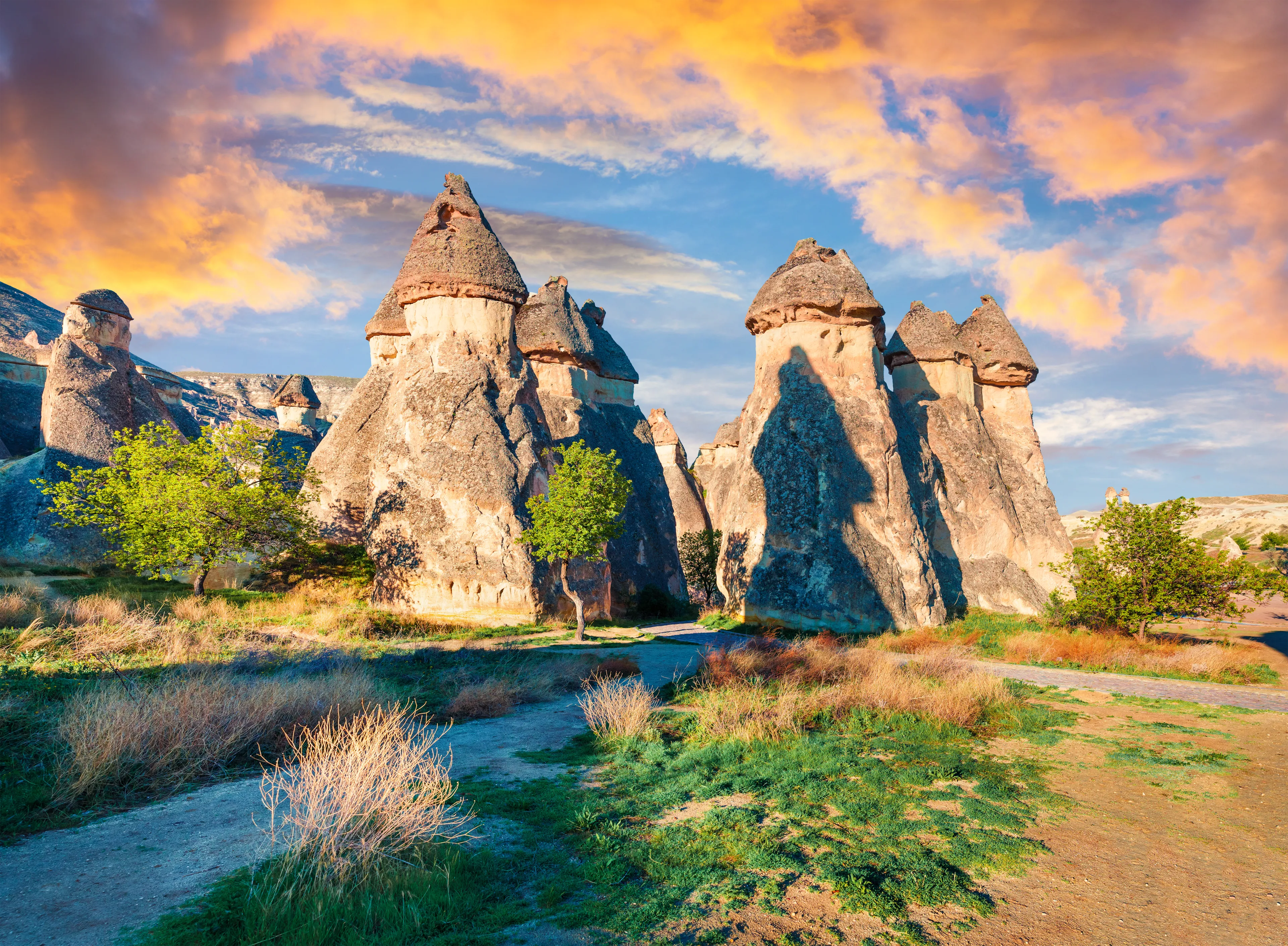 Magic fungous forms of sandstone in the canyon near Cavusin village, Cappadocia, Nevsehir Province in the Central Anatolia Region of Turkey, Asia. Beauty of nature concept background.