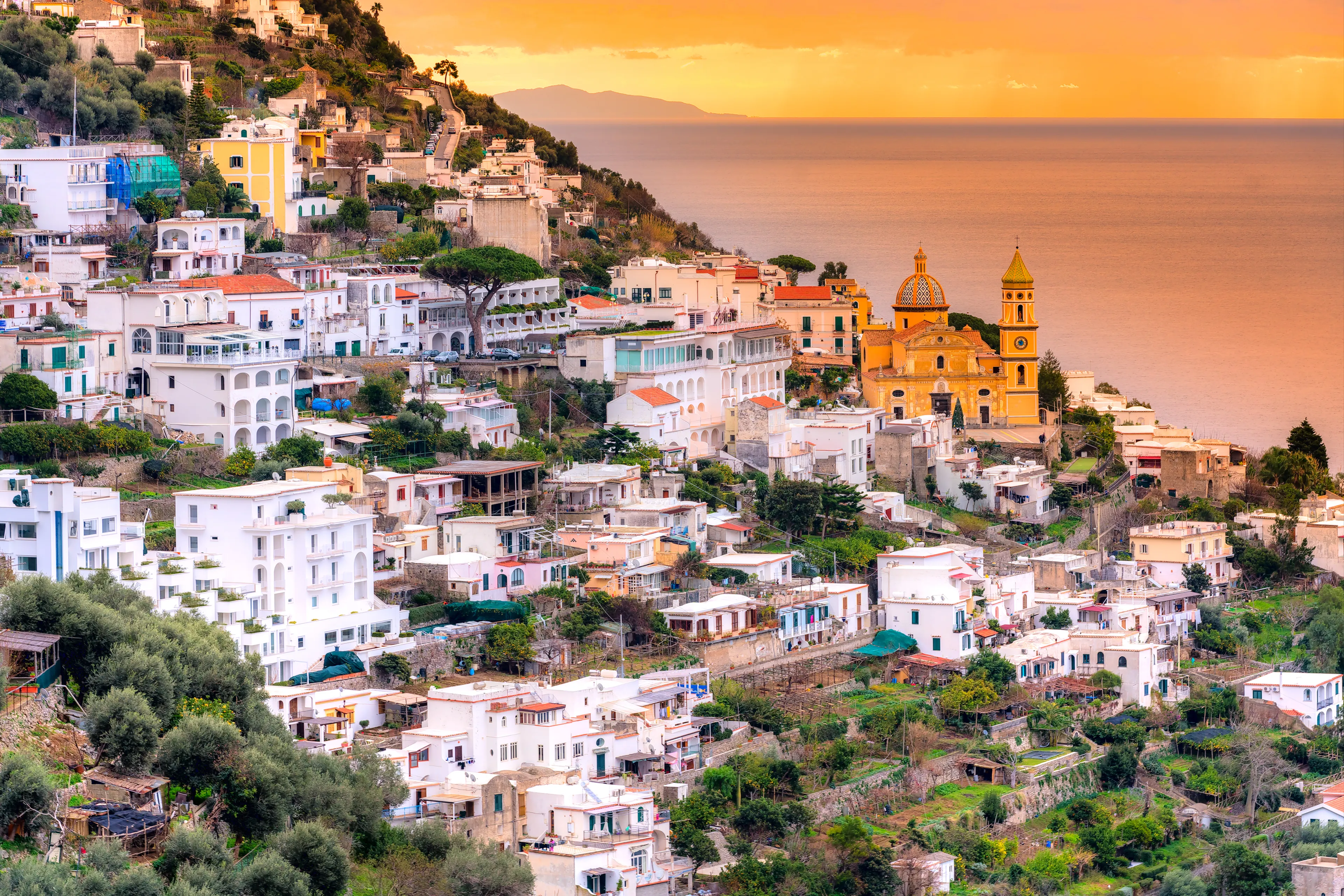 Amalfi Coast, Sorrento. Praiano at sunset, Italy