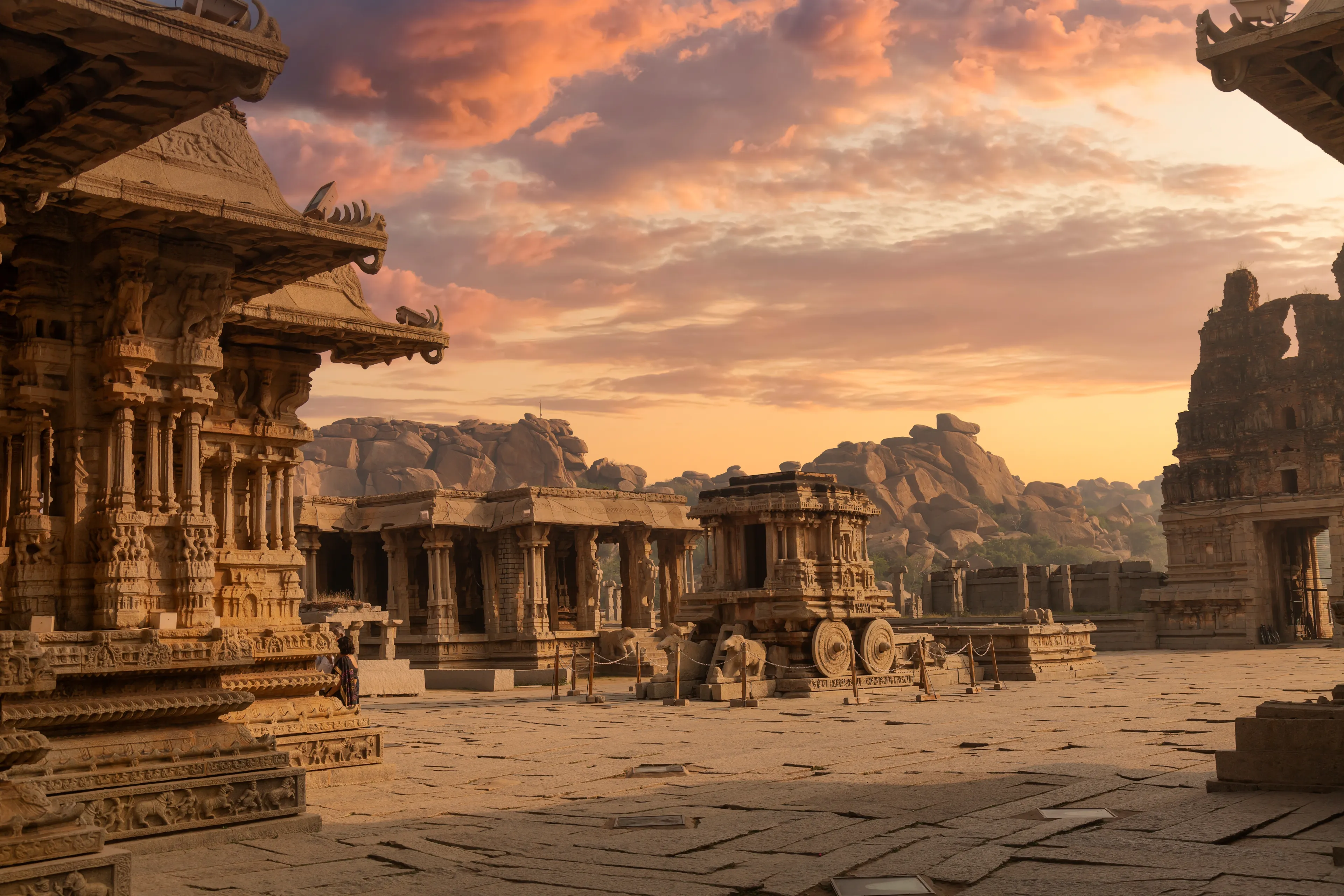 Medieval architecture at Vijaya Vittala temple built in the 15th century AD at sunset at Hampi Karnataka, India