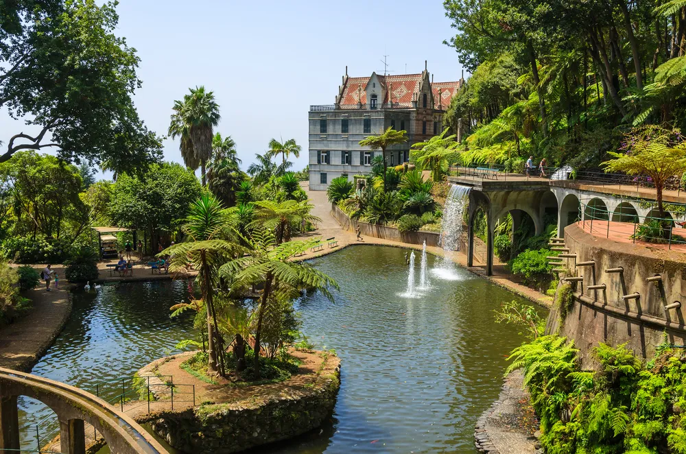 Monte Tropical Gardens with view of palace on lake, Funchal, Madeira island, Portugal