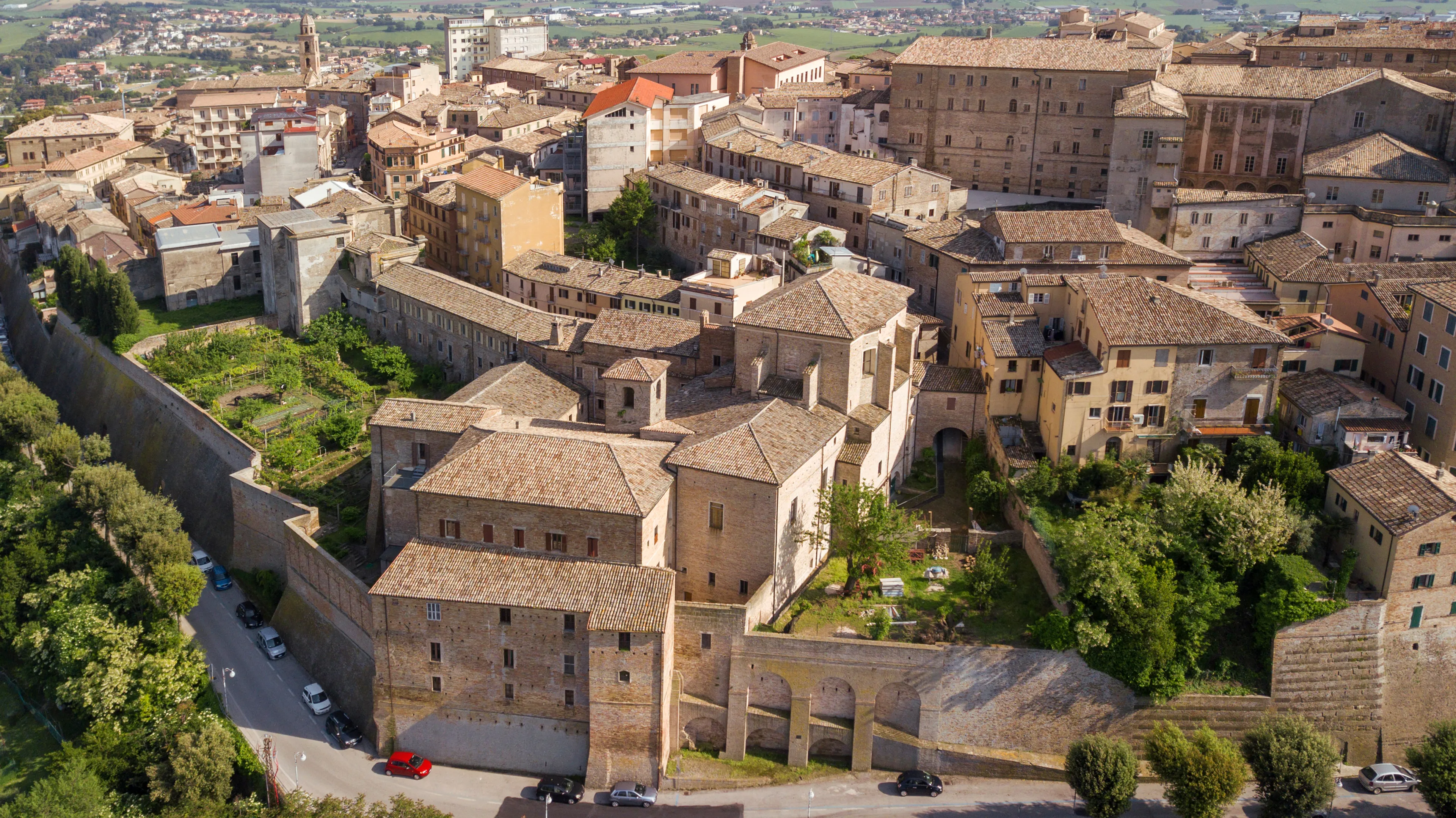 Aerial view of the municipality of Osimo, in the province of Ancona, in the Marche region, in Italy. The historic center, located on the highest hill of the city, called Gòmero, is a mountain tourist.