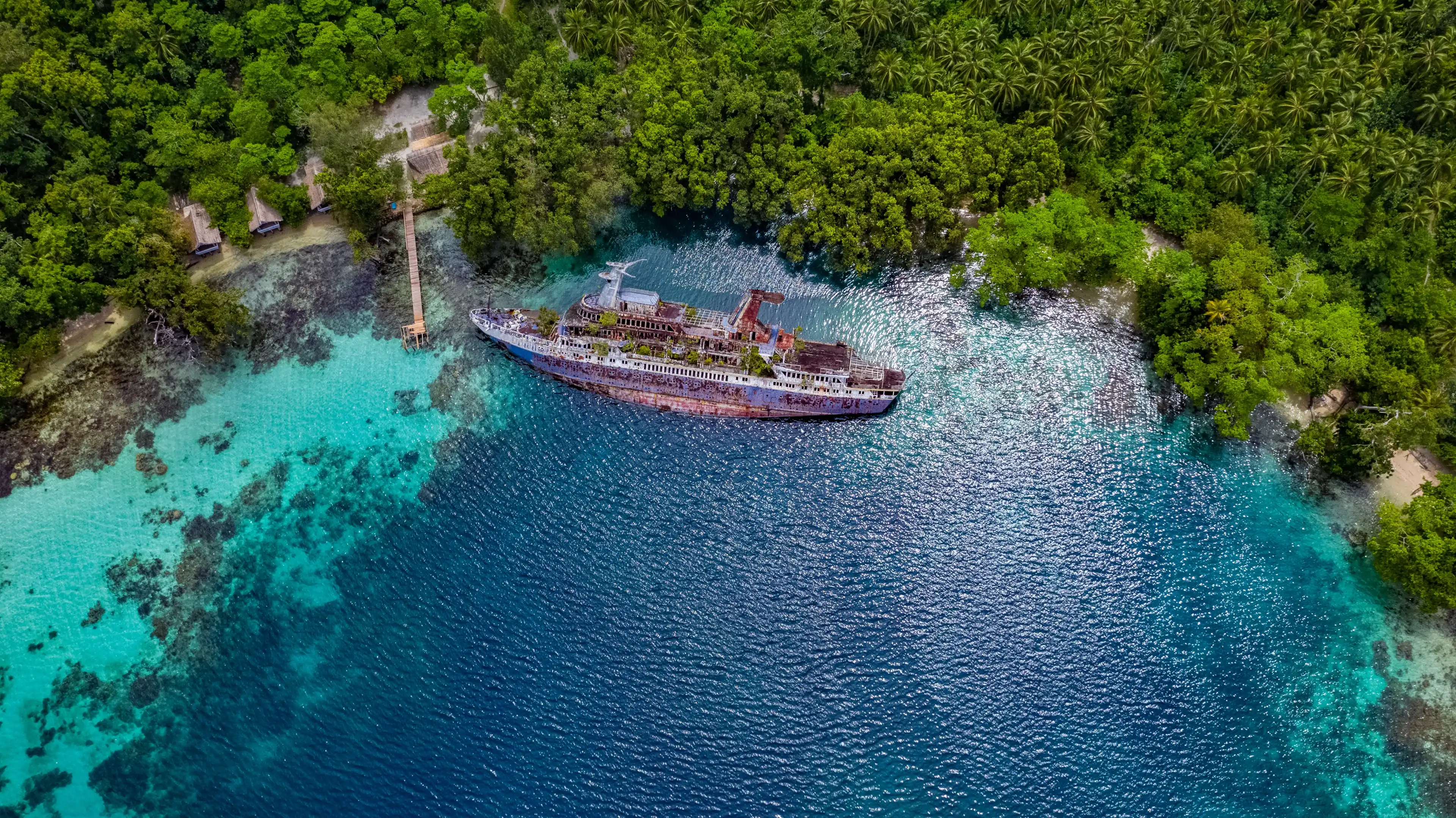 Half sunken ship at Roderick Bay in Solomon Islands