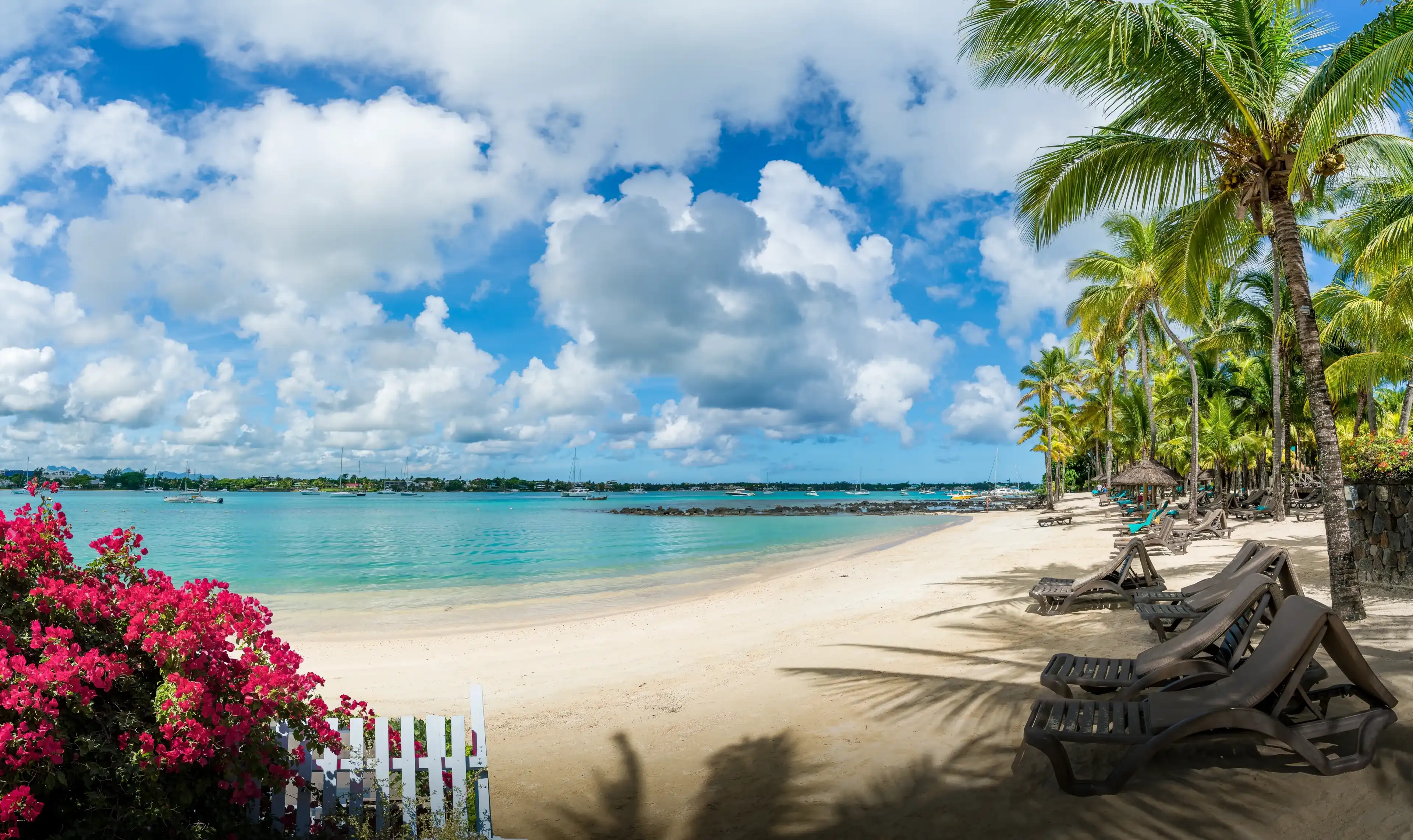 Landscape with public beach at Grand baie village on Mauritius island, Africa Landscape with public beach at Grand baie village on Mauritius island, Africa