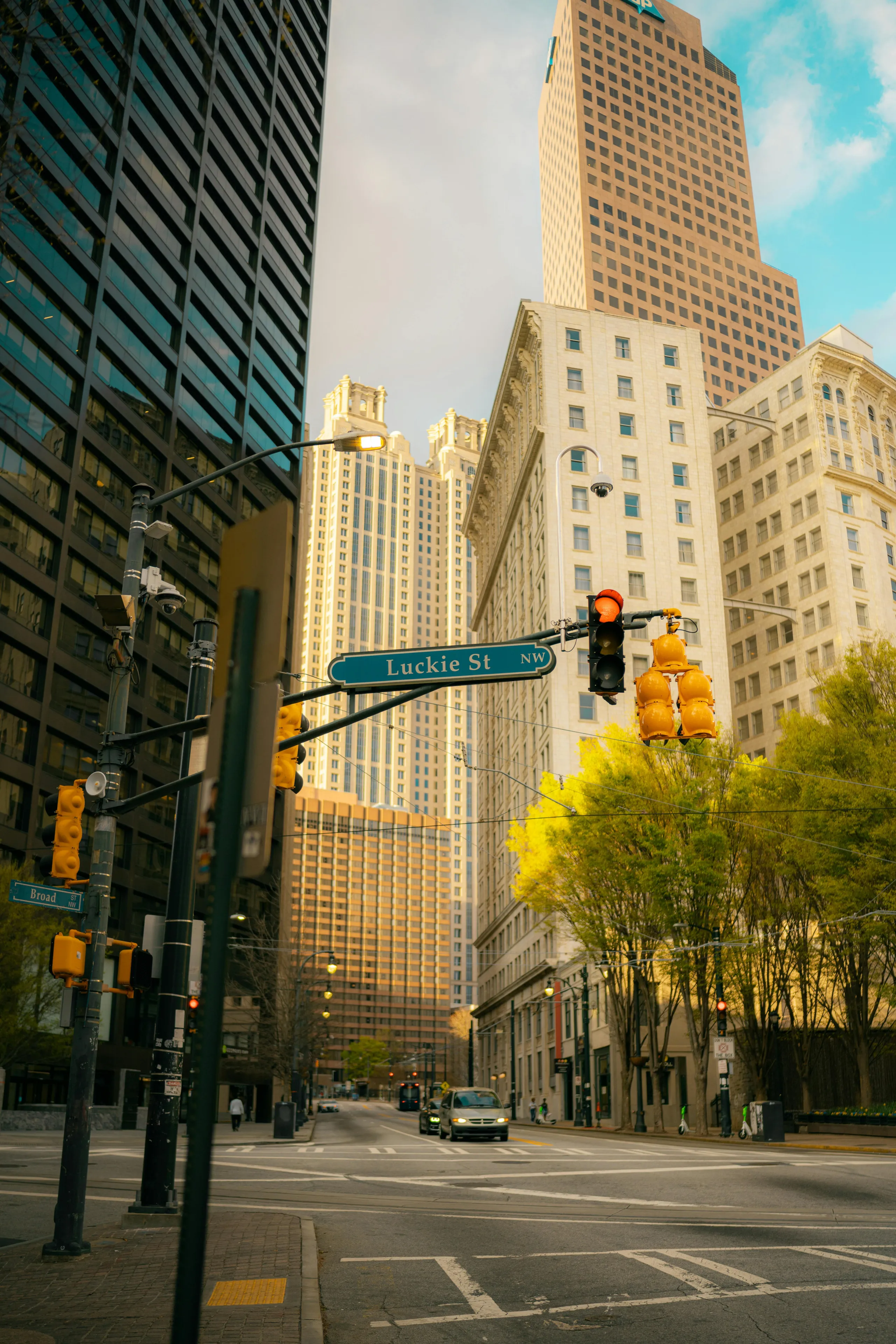 Street Lights on Road in City Downtown