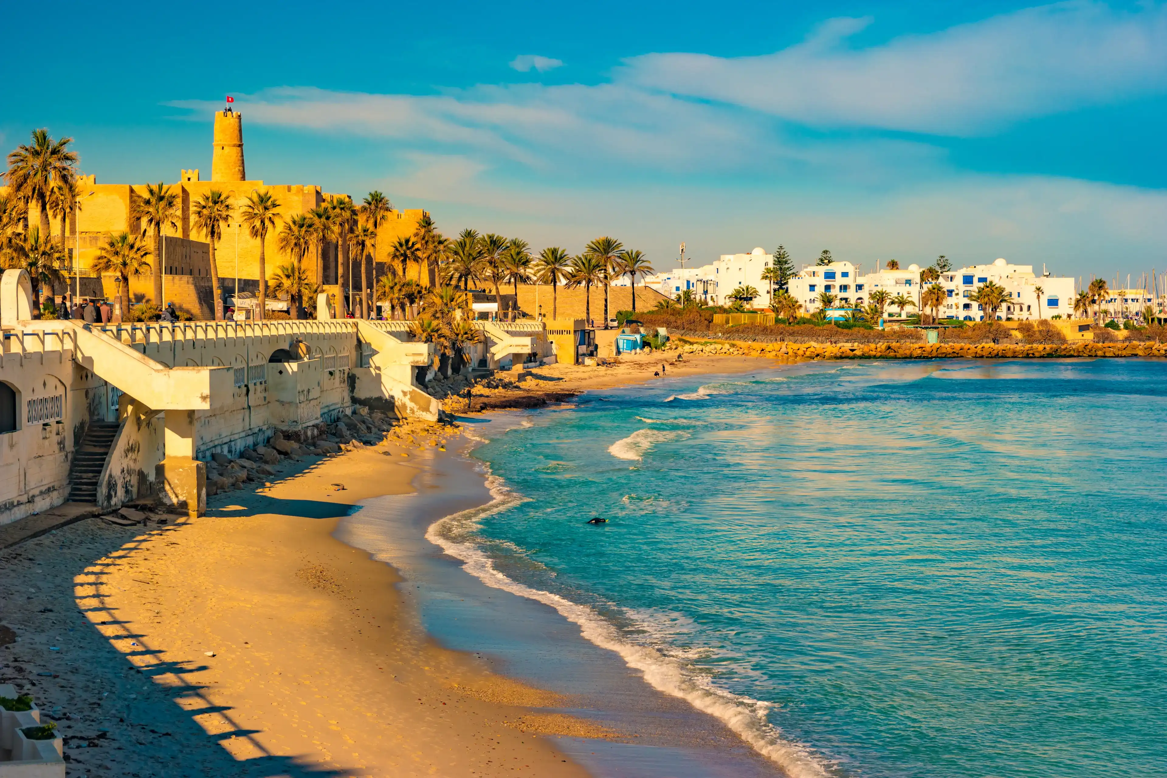 Monastir in Tunisia is an ancient city and popular tourist destination with a beach on the Mediterranean Sea.