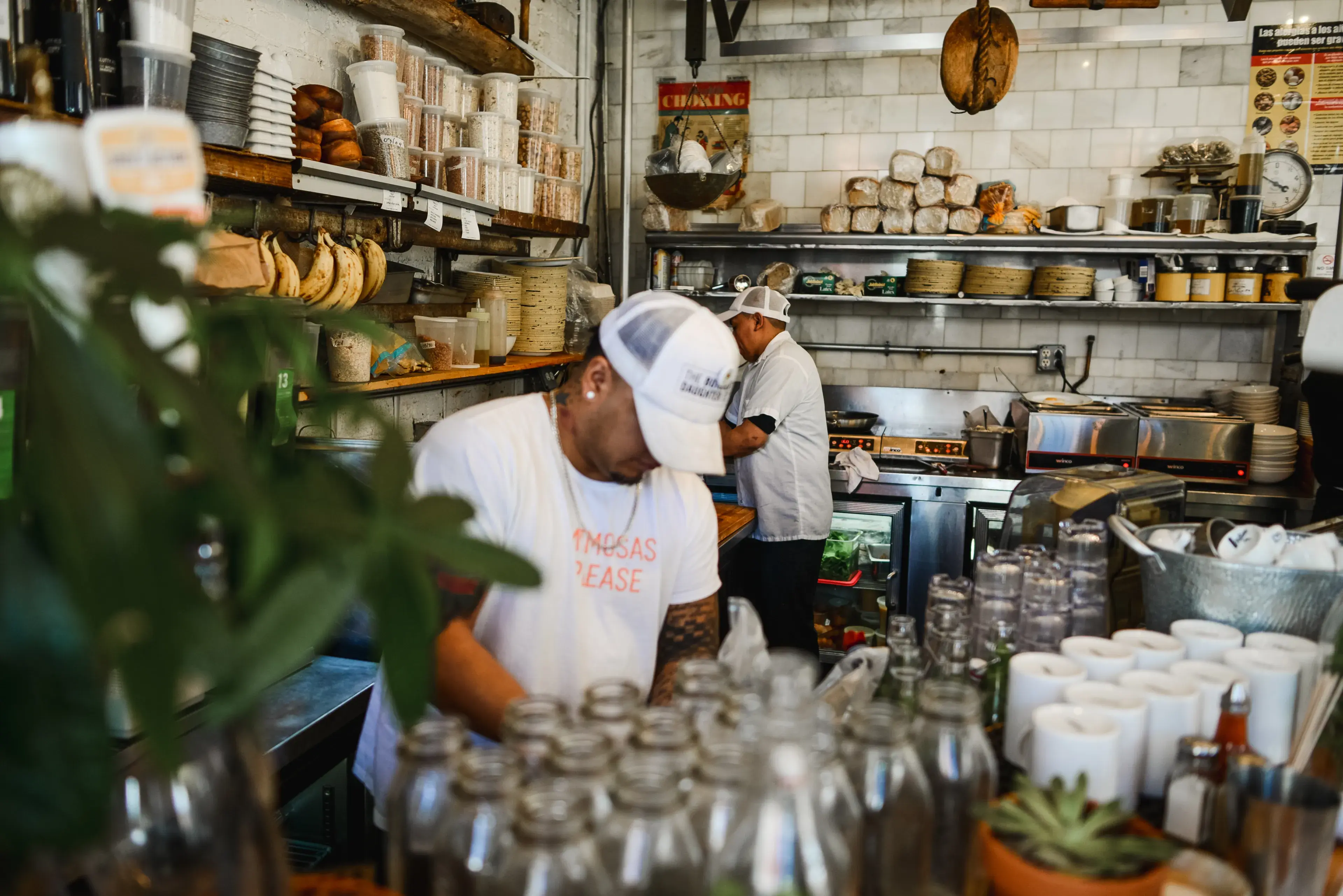 New York City, United States of America circa March, 2018: brunch place in action. People working and preparing food in Vegan Brunch place.