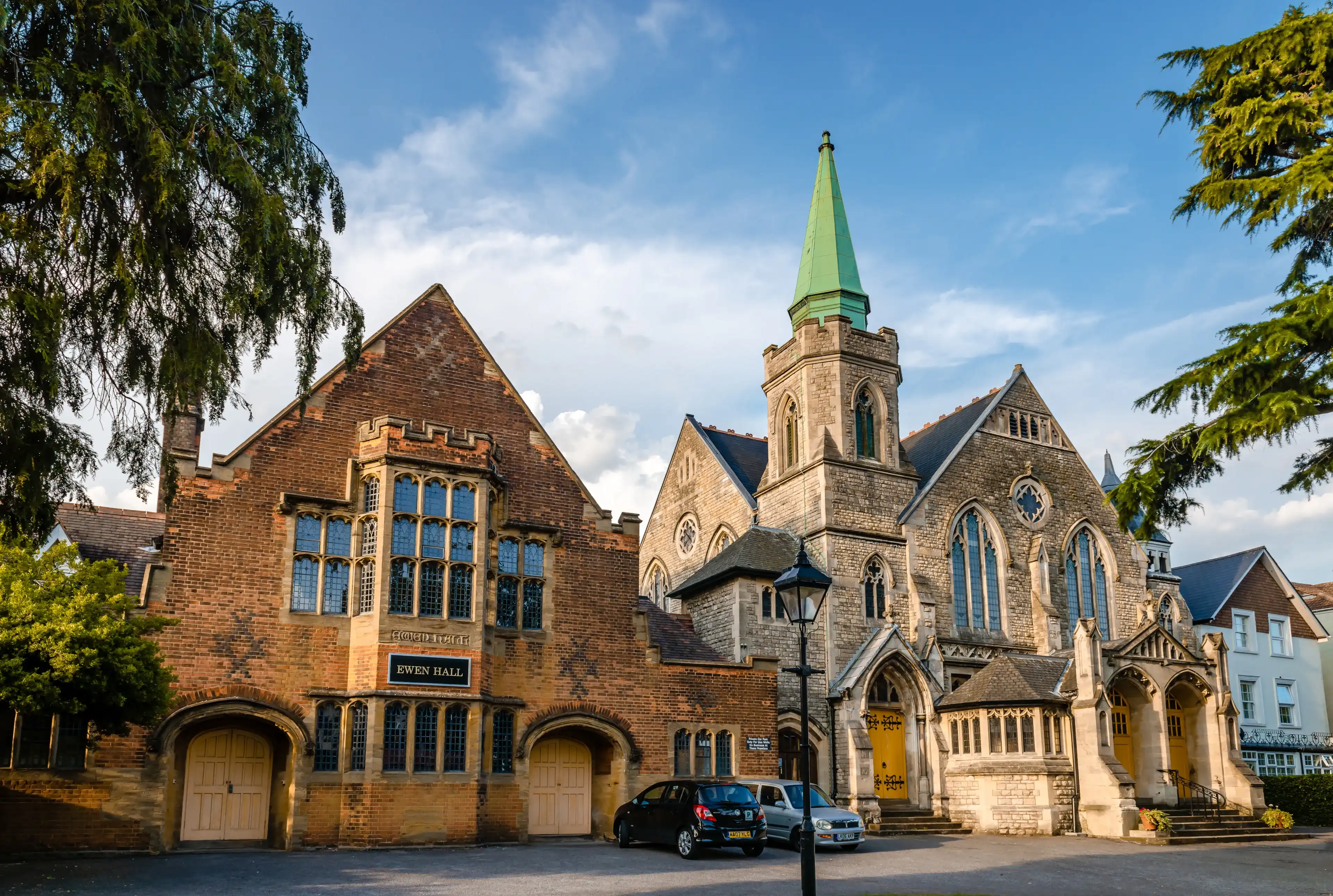 London, UK - August 27 2019: View of Barnet United Reformed Church and Ewen Hall adjacent, in Wood Street, High Barnet. London, UK - August 27 2019: View of Barnet United Reformed Church and Ewen Hall adjacent, in Wood Street, High Barnet.