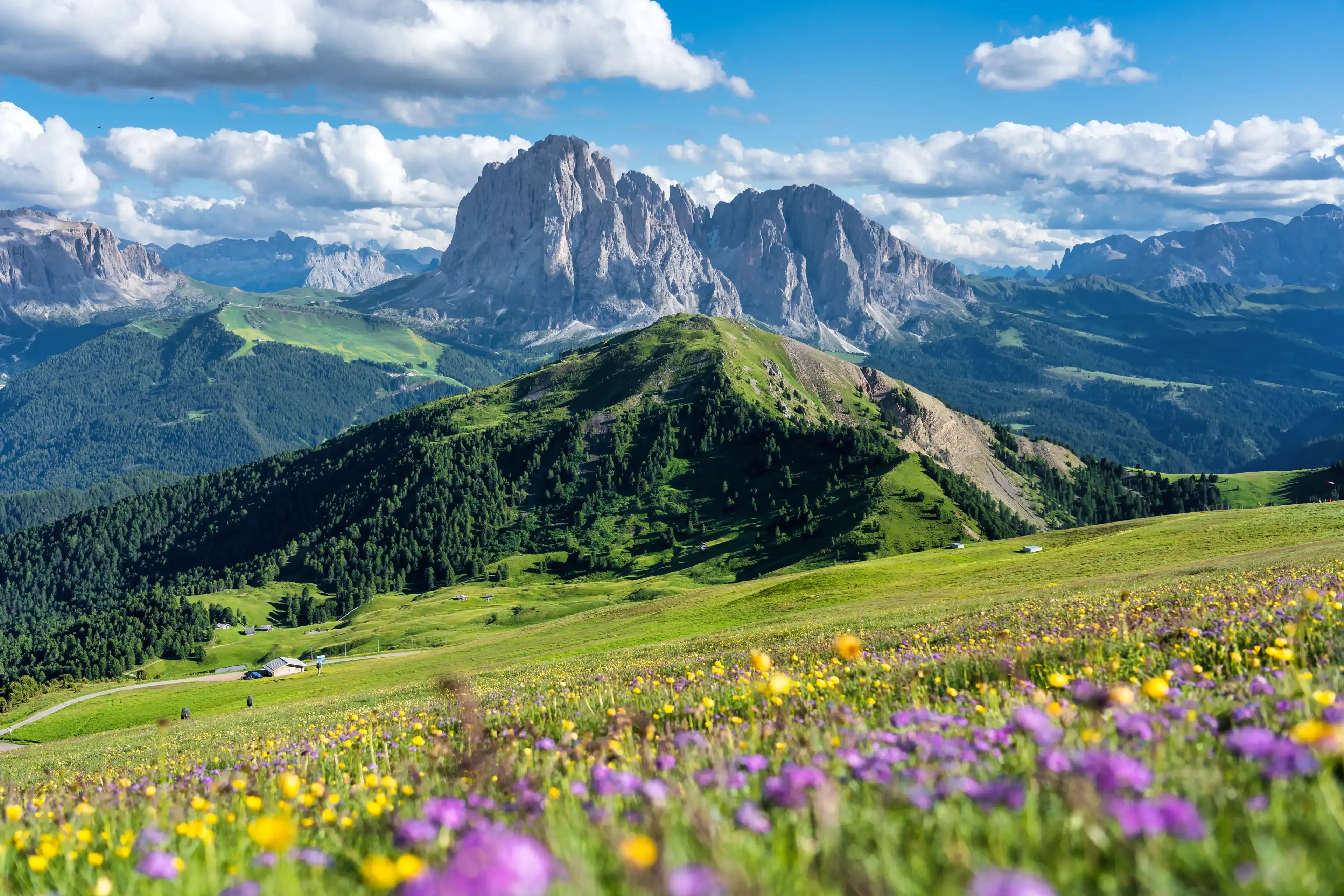 Seceda peak. Trentino Alto Adige, Dolomites Alps, South Tyrol, Italy. Odle mountain range, Val Gardena. Majestic Furchetta peak. Odles group seen from Seceda, Santa Cristina Val Gardena. Seceda peak. Trentino Alto Adige, Dolomites Alps, South Tyrol, Italy. Odle mountain range, Val Gardena. Majestic Furchetta peak. Odles group seen from Seceda, Santa Cristina Val Gardena.