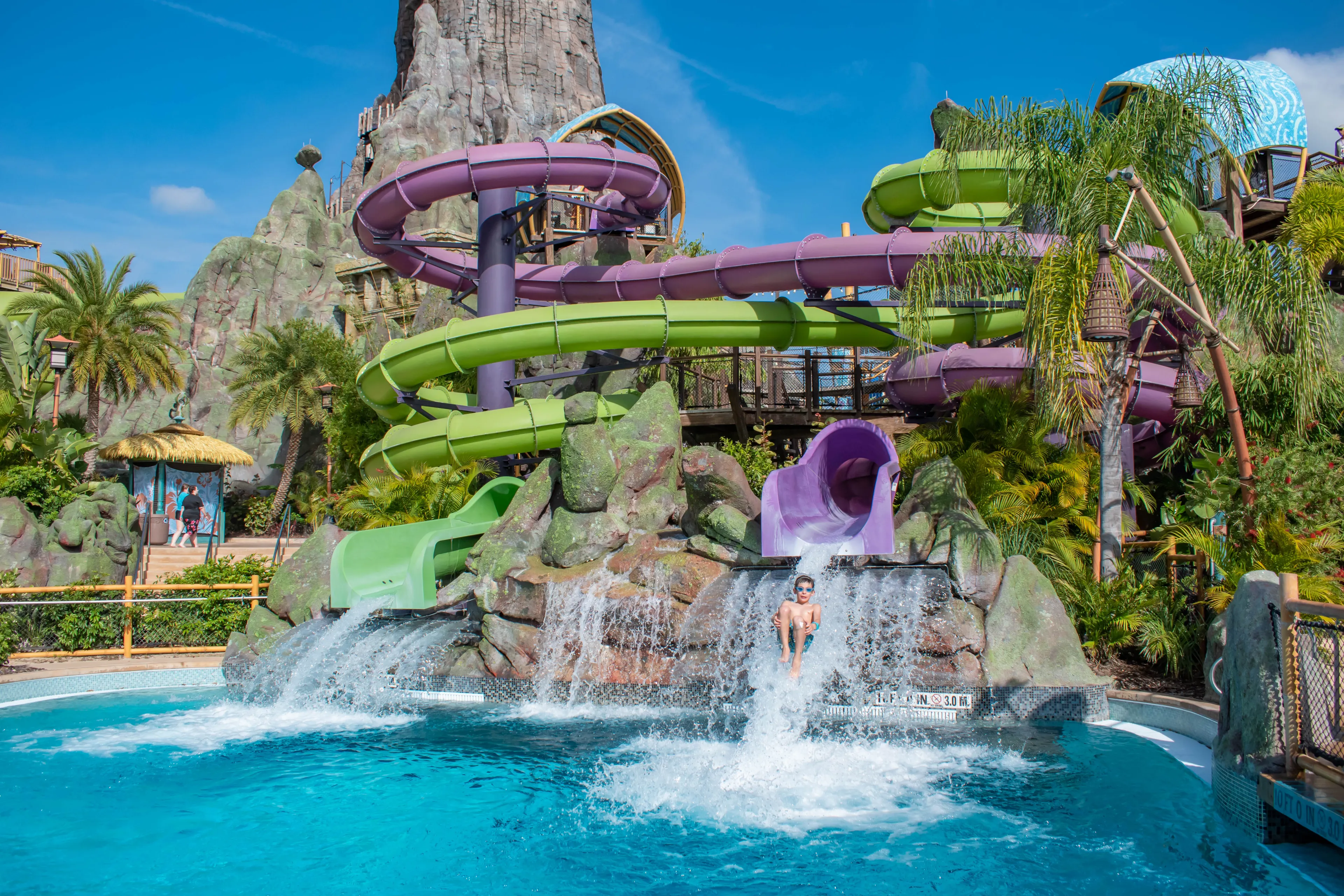 Orlando, Florida. March 10, 2020. People enjoying Ohno of Ohyah and Ohno Drop Slides at Volcano Bay in Universal Studios area 3