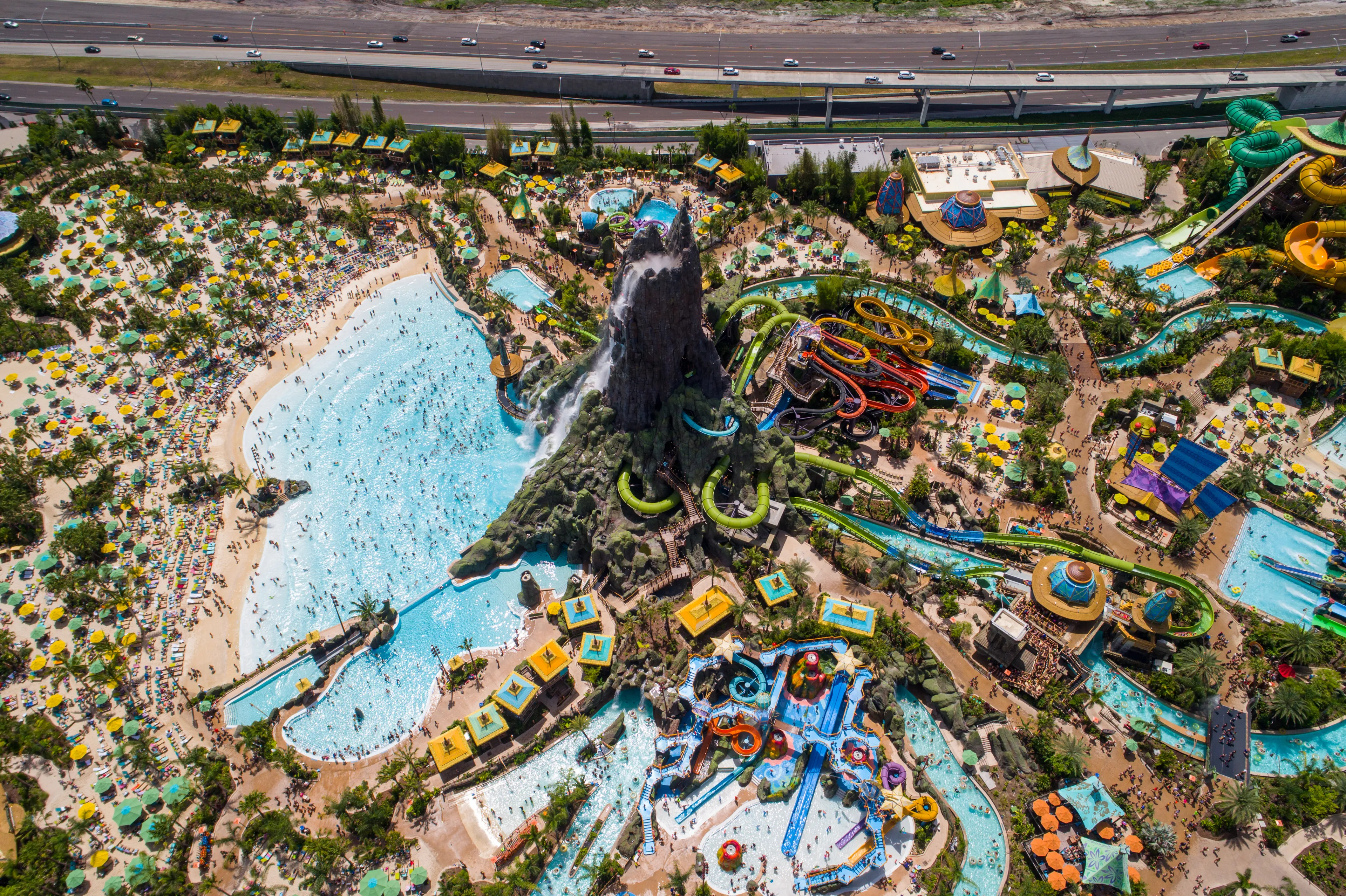 ORLANDO, FL, USA - AUGUST 3, 2017: Aerial drone shot of Volcano Bay Orlando FL, USA
