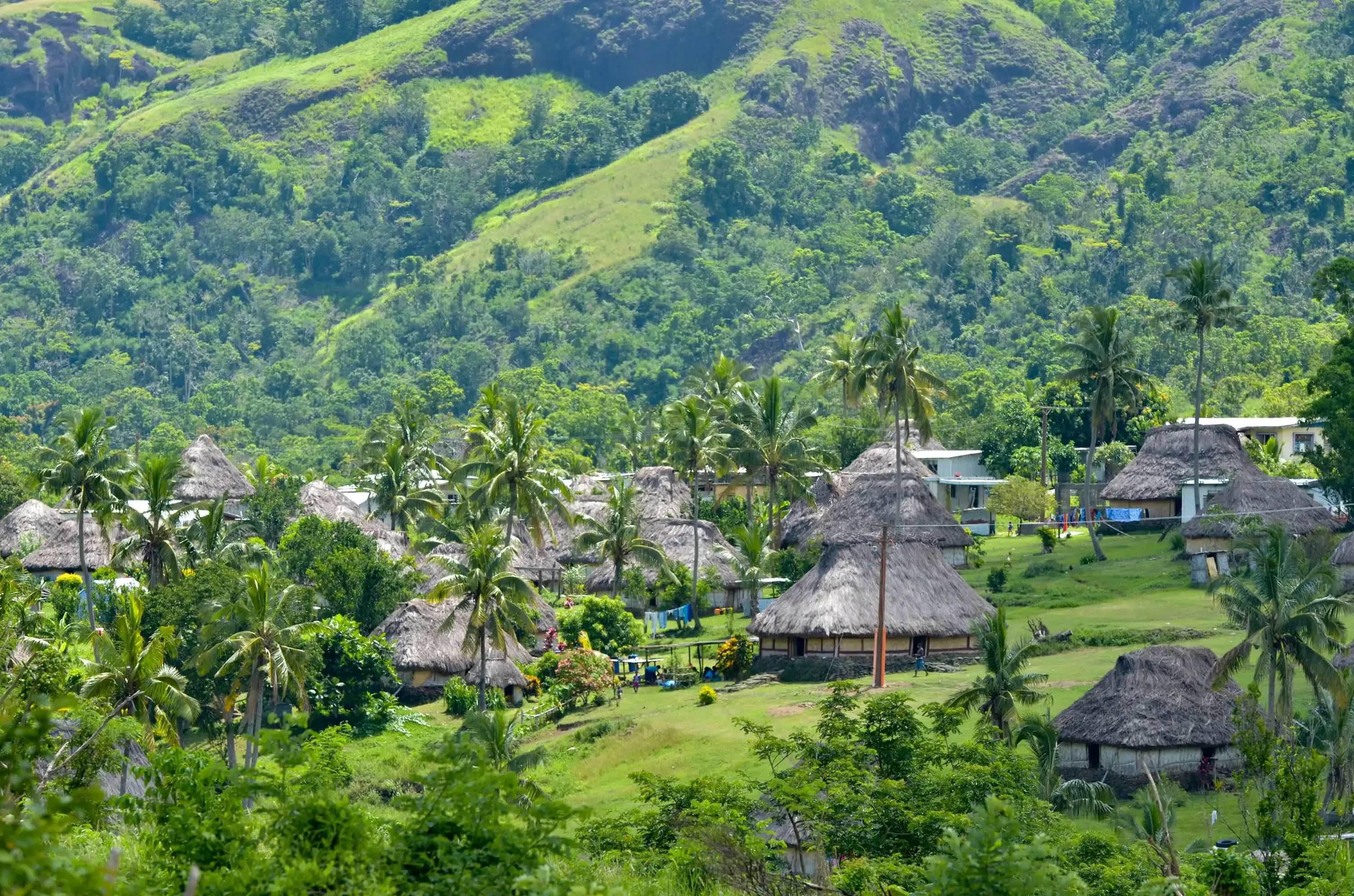Aerial view of Navala village in the Ba Highlands of northern-central Viti Levu, Fiji. It is one of the few settlements in Fiji which remains fully traditional architecturally.