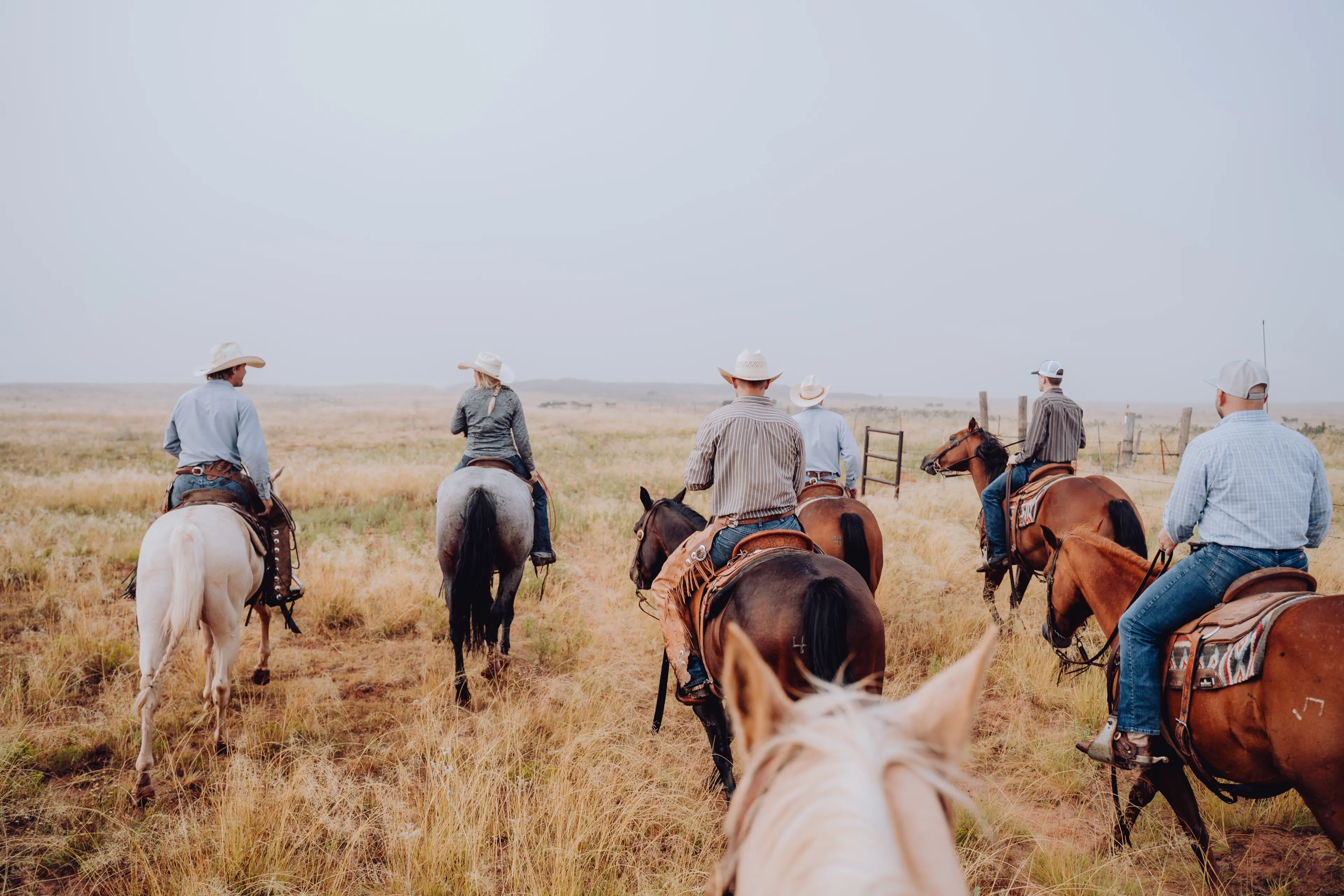 Group of people riding horses on a ranch. 