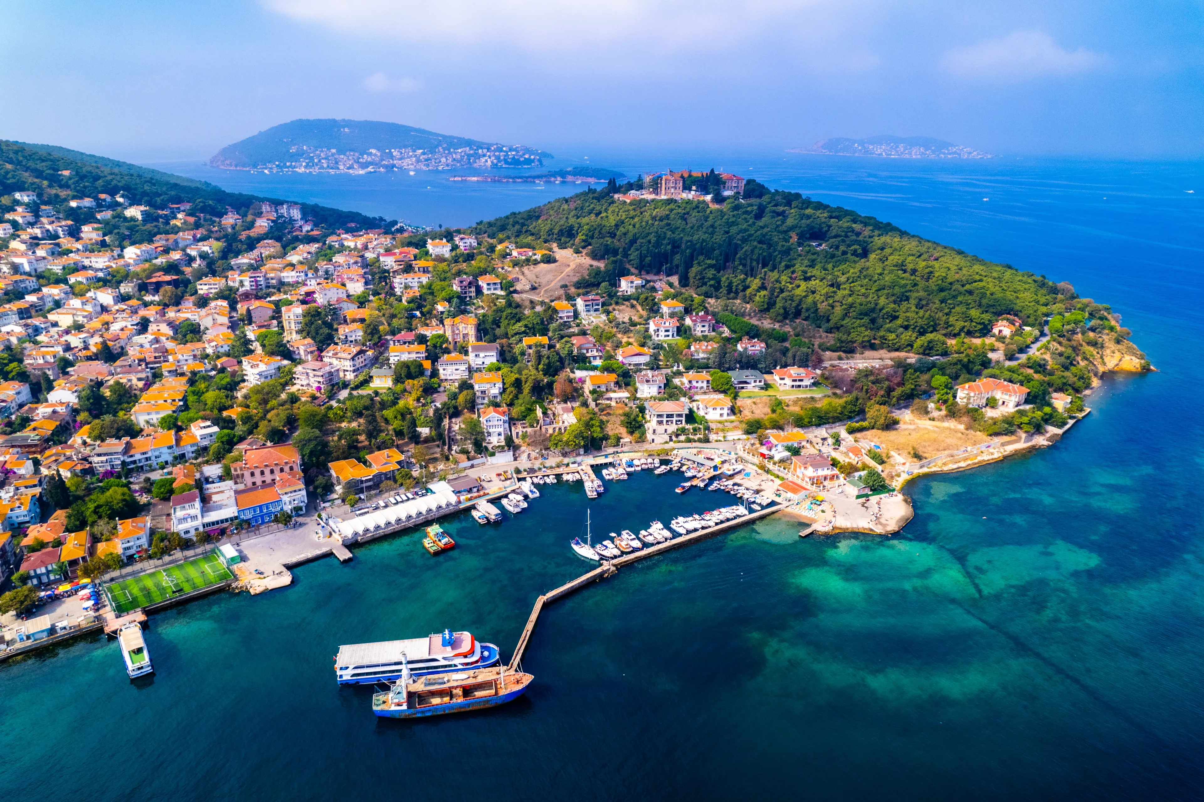 Heybeliada Island in Istanbul, Turkey. Heybeliada is the second largest of the Princes Islands in the Sea of Marmara. Drone shot.