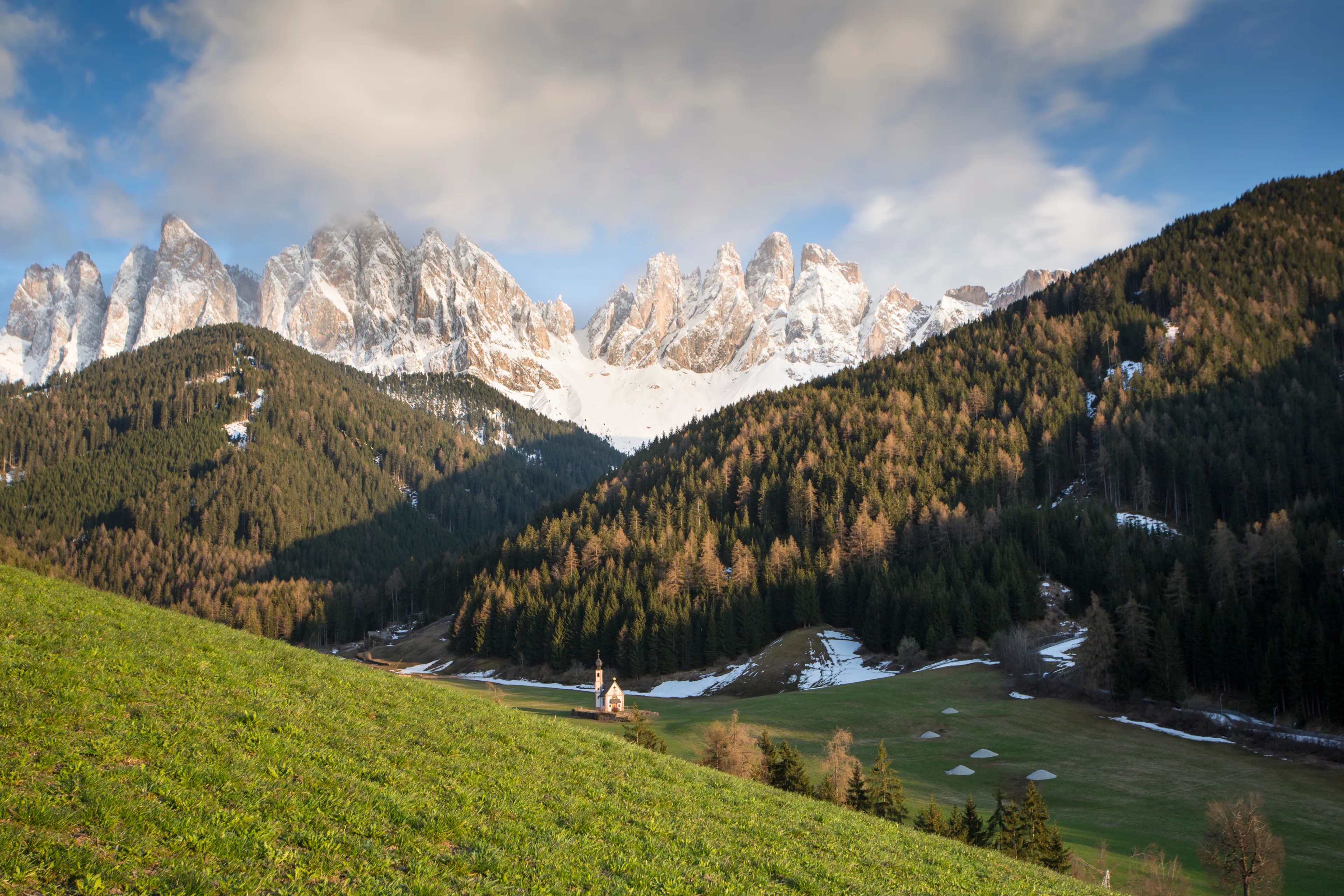Santa Maddalena village, Dolomites, Funes valley South Tirol Italy, Europe on April 2019;The Val di Funes is an enchanting valley of South Tyrol word heritage site.