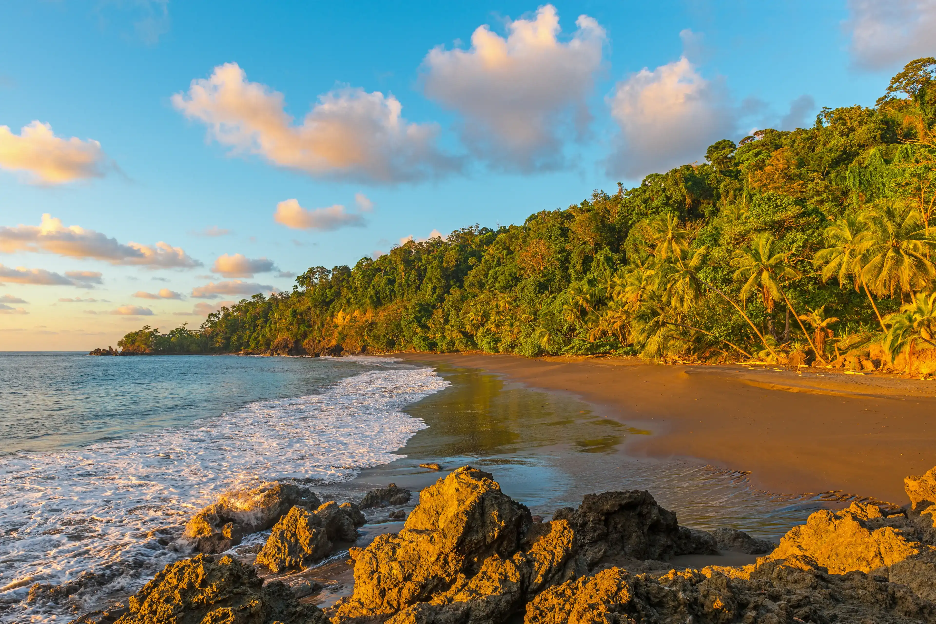 Landscape of the Pacific coastline and tropical rainforest of Costa Rica at sunset inside Corcovado national park, Osa Peninsula, Central America.