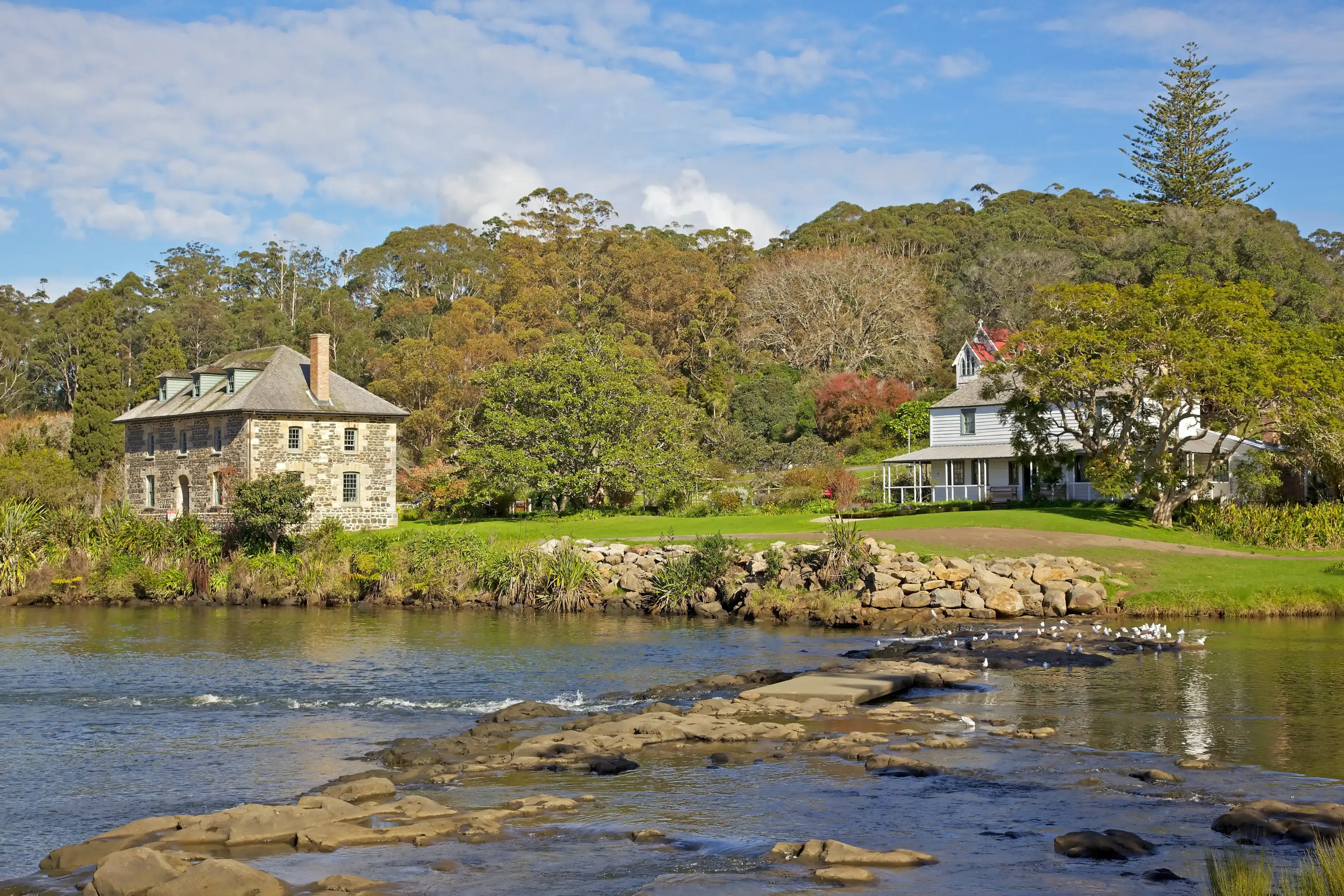 The Kerikeri Mission Station, with the Stone Store at the left, the Mission House on the right, and St James Church in the background. The Kerikeri Mission Station, with the Stone Store at the left, the Mission House on the right, and St James Church in the background.